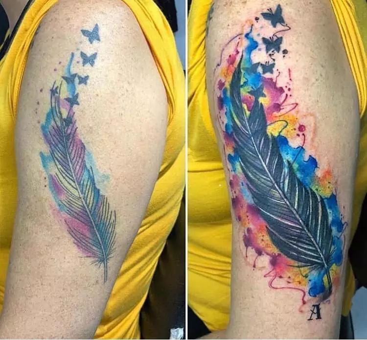 Two side-by-side images show a colorful feather and flying butterflies tattoo on an upper arm. The tattoo includes watercolor-style splashes in blue, pink, yellow, and purple hues around the black feather. in Boca Raton, Florida