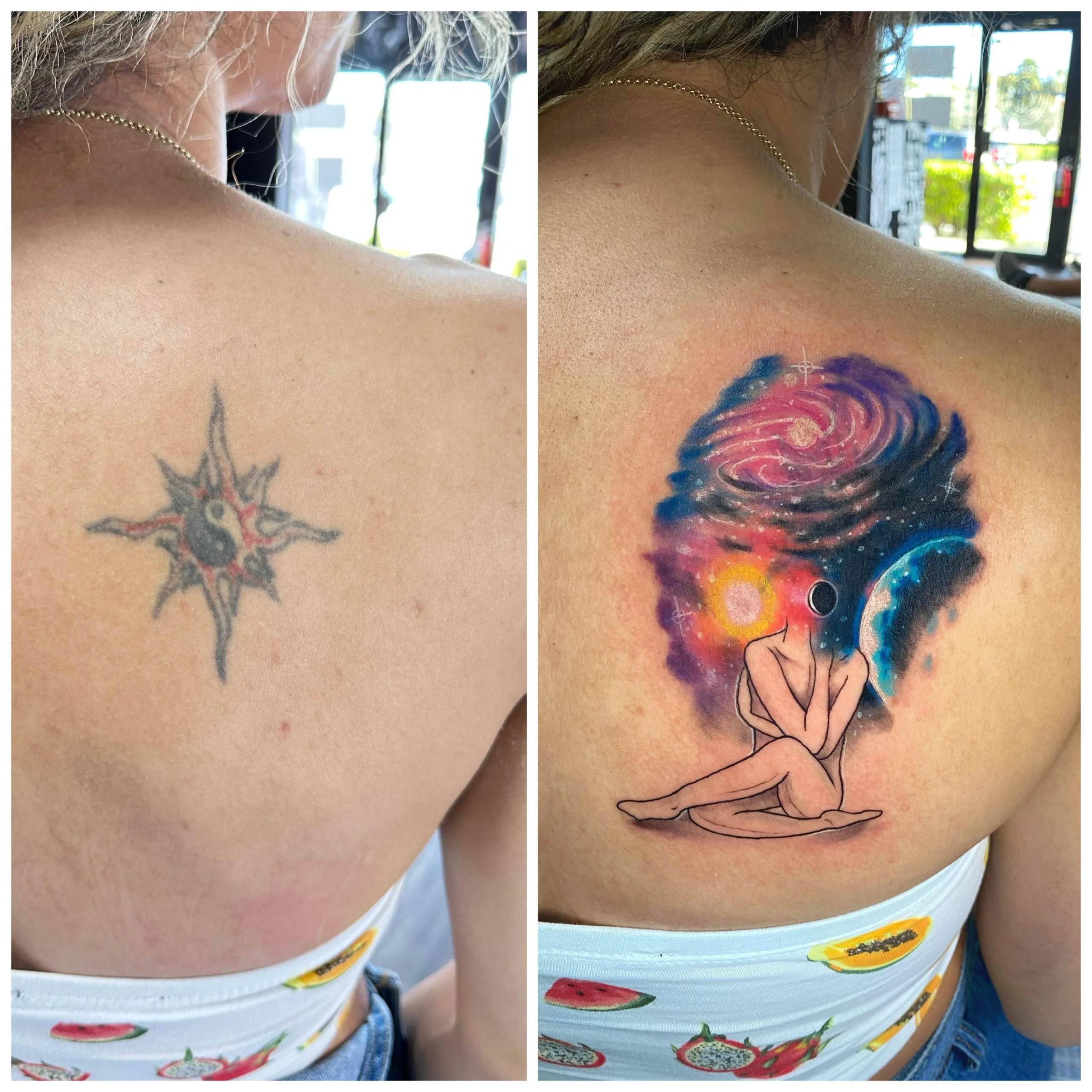 Side-by-side photos show a before and after tattoo cover-up at Iron Glory Studio in Boca Raton, Florida. The left image has a faded compass-style tattoo; the right features a colorful cosmic scene with a seated figure and galaxies. in Boca Raton, Florida