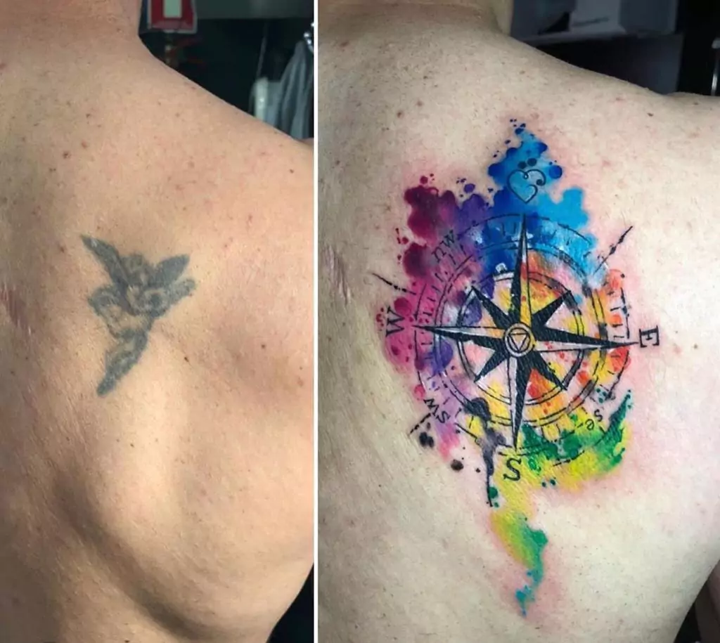 Watercolor compass cover up tattoo back transformation before and after Boca Raton