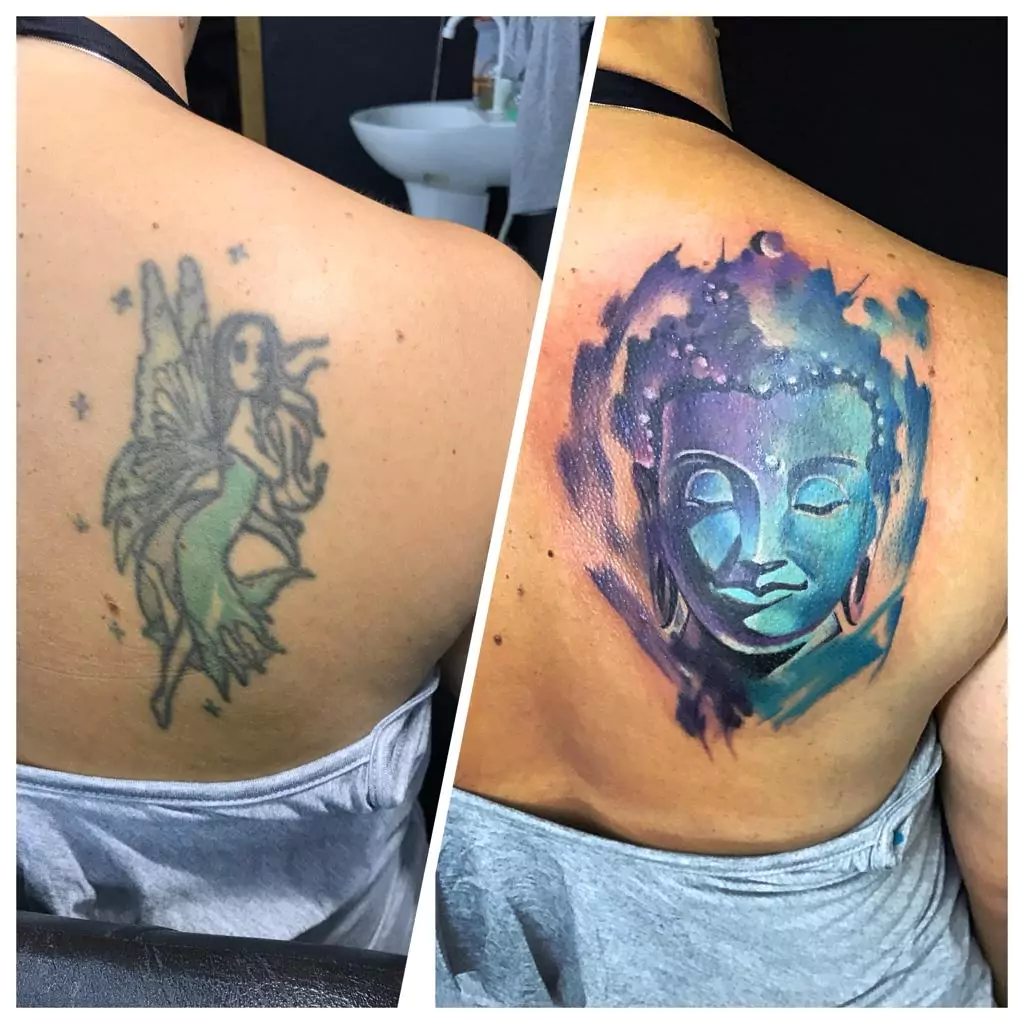 Cosmic watercolor Buddha cover up tattoo back design Boca Raton artist