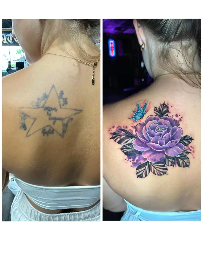 Galaxy butterfly watercolor cover up tattoo back placement Boca Raton FL