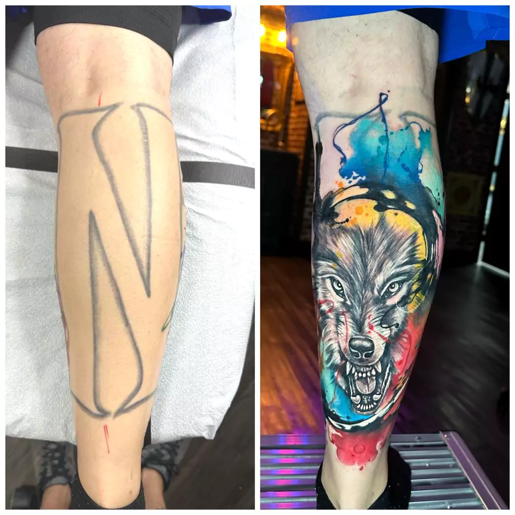 Watercolor phoenix bird cover up tattoo shoulder before and after Boca Raton