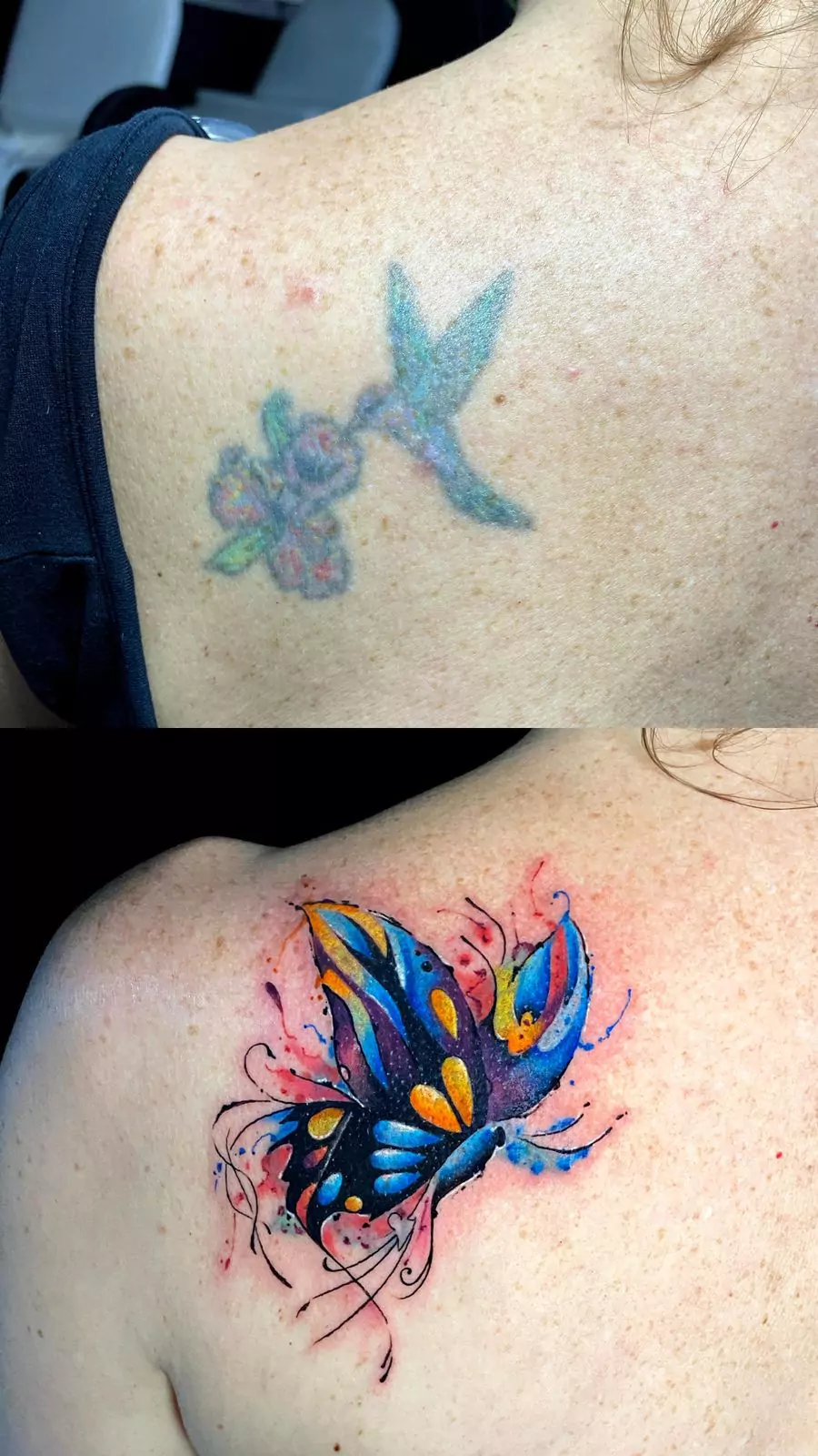 Top: A faded tattoo of a hummingbird with flowers on a shoulder. Bottom: The same shoulder with a vibrant, colorful butterfly tattoo from Iron Glory Studio in Boca Raton, Florida, beautifully covering the old design. in Boca Raton, Florida