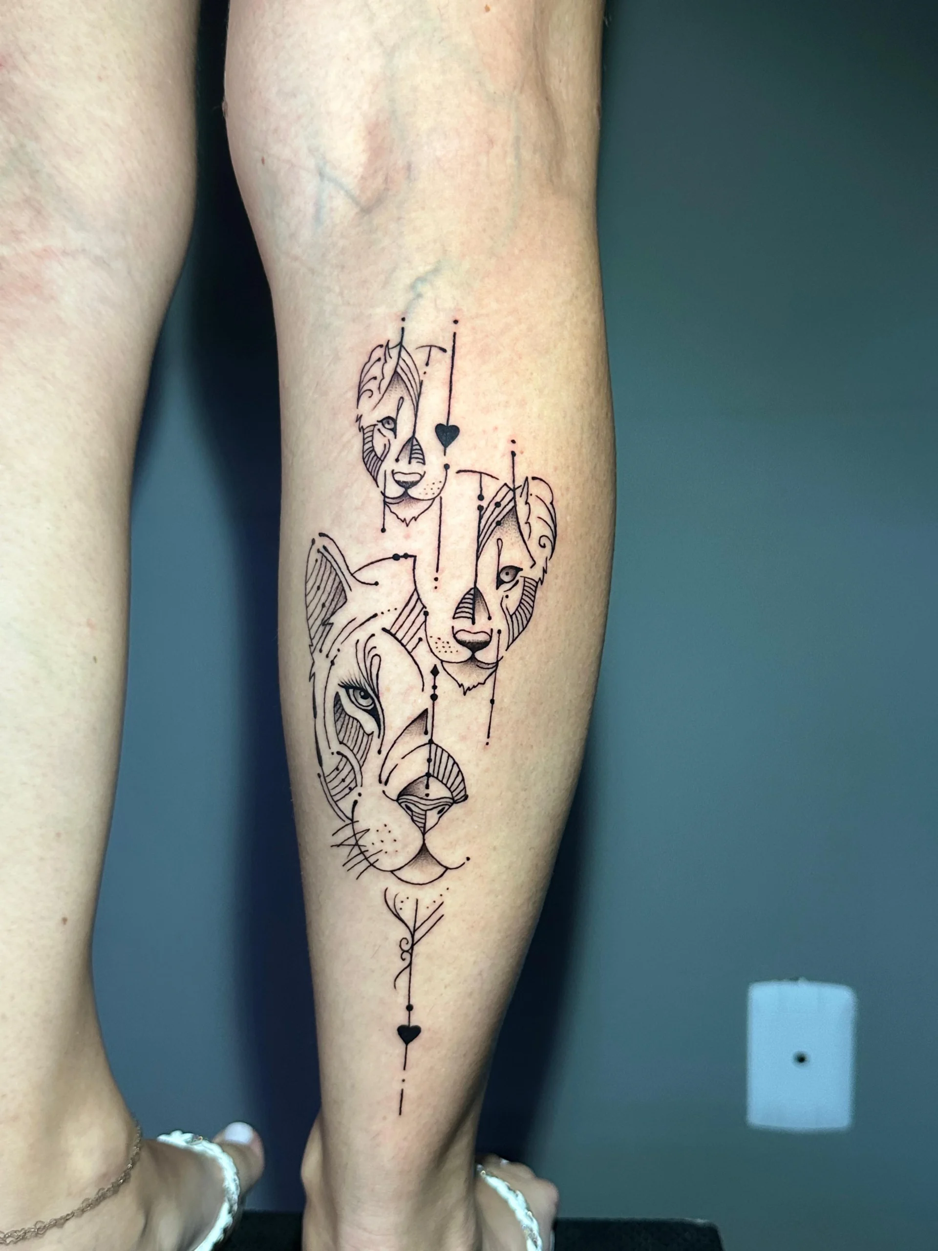Geometric lioness and cub tattoo with dotwork shading leg piece Boca Raton FL