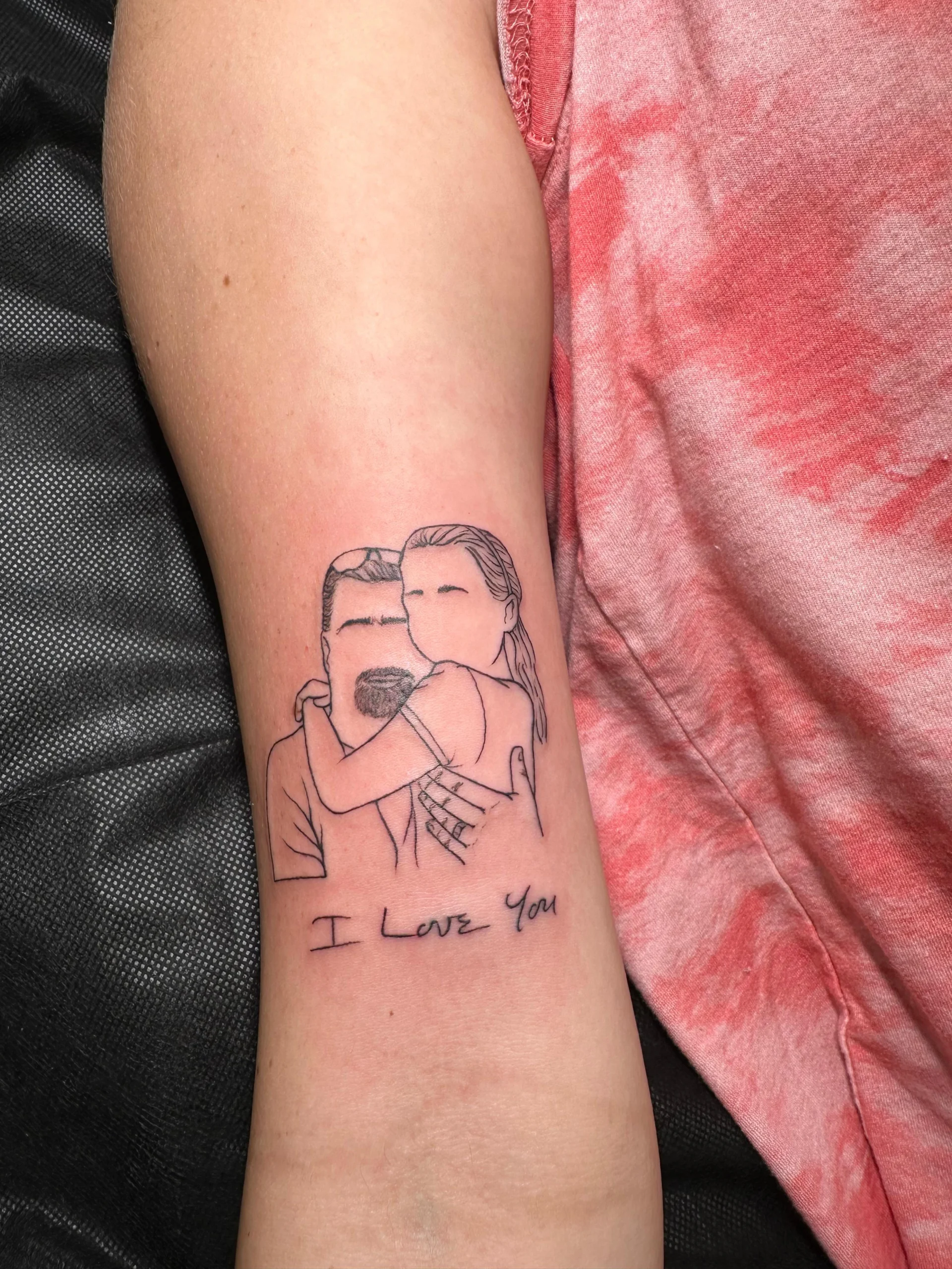 Father and daughter hug outline tattoo with handwriting script Boca Raton FL