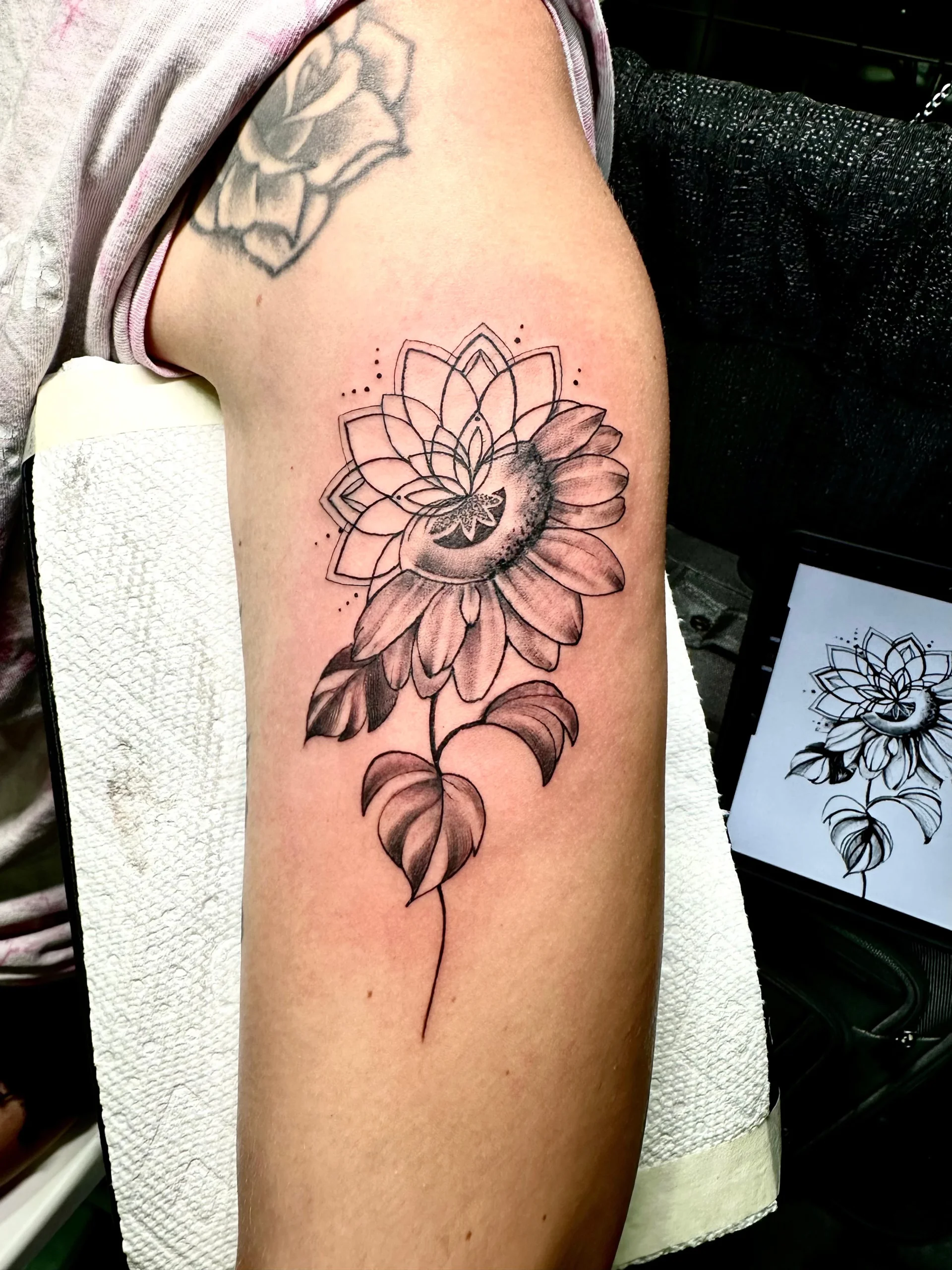 Sunflower mandala tattoo geometric floral design arm ink Boca Raton studio