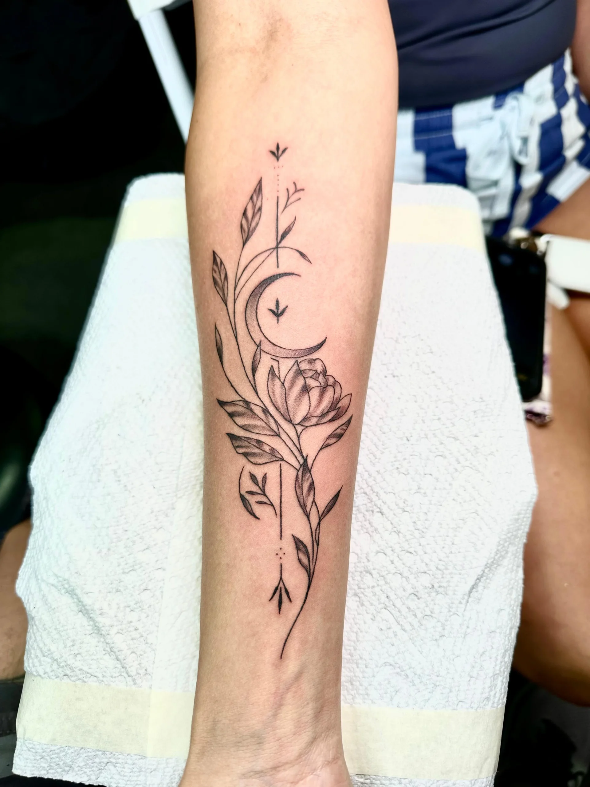 Geometric whale shark and ocean wave tattoo fine line forearm design Boca Raton