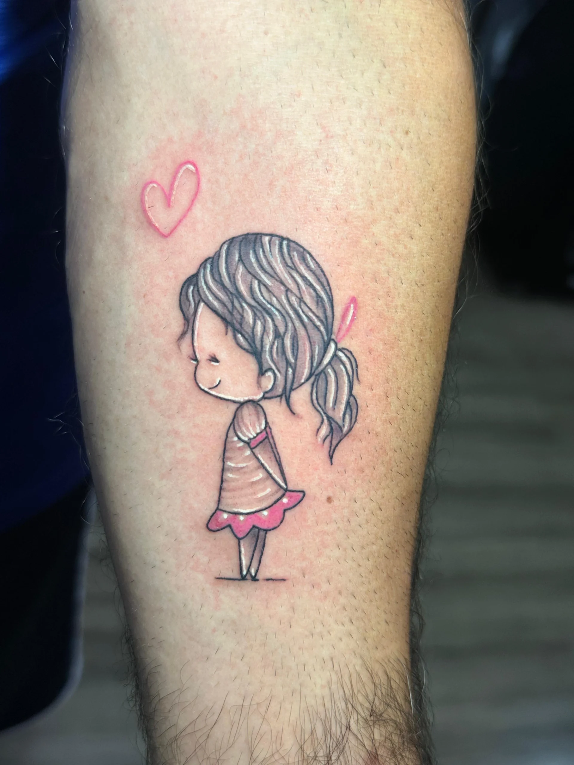 Cute cartoon girl tattoo with pink heart sketch style arm ink Boca Raton