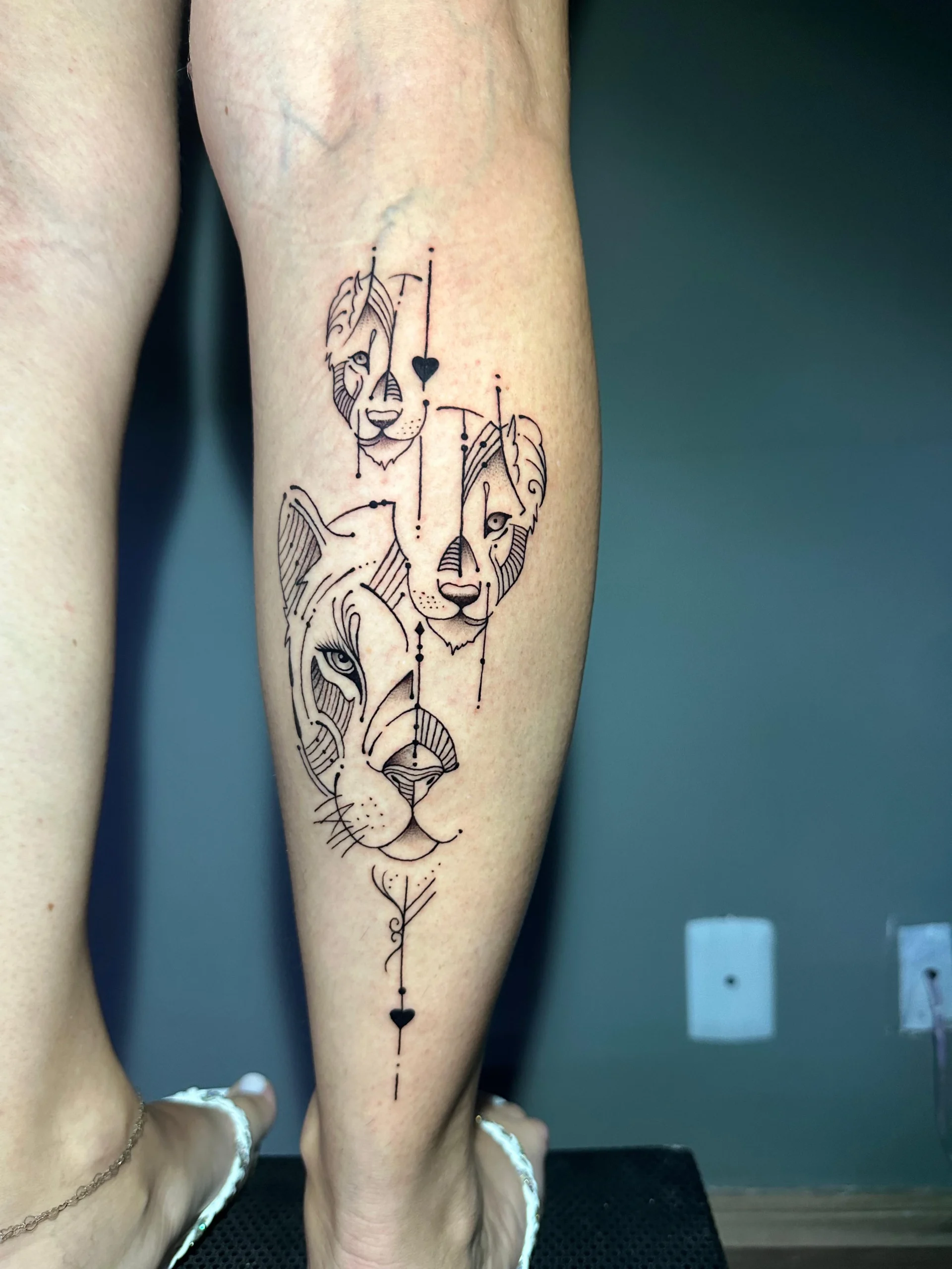 Geometric lioness and cub tattoo with dotwork shading leg piece Boca Raton FL