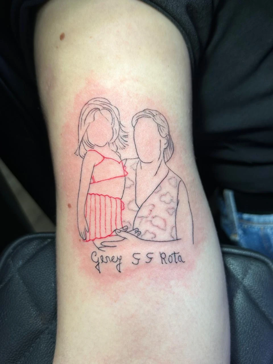 Fine line mother and daughter outline tattoo custom family portrait ink Boca Raton FL