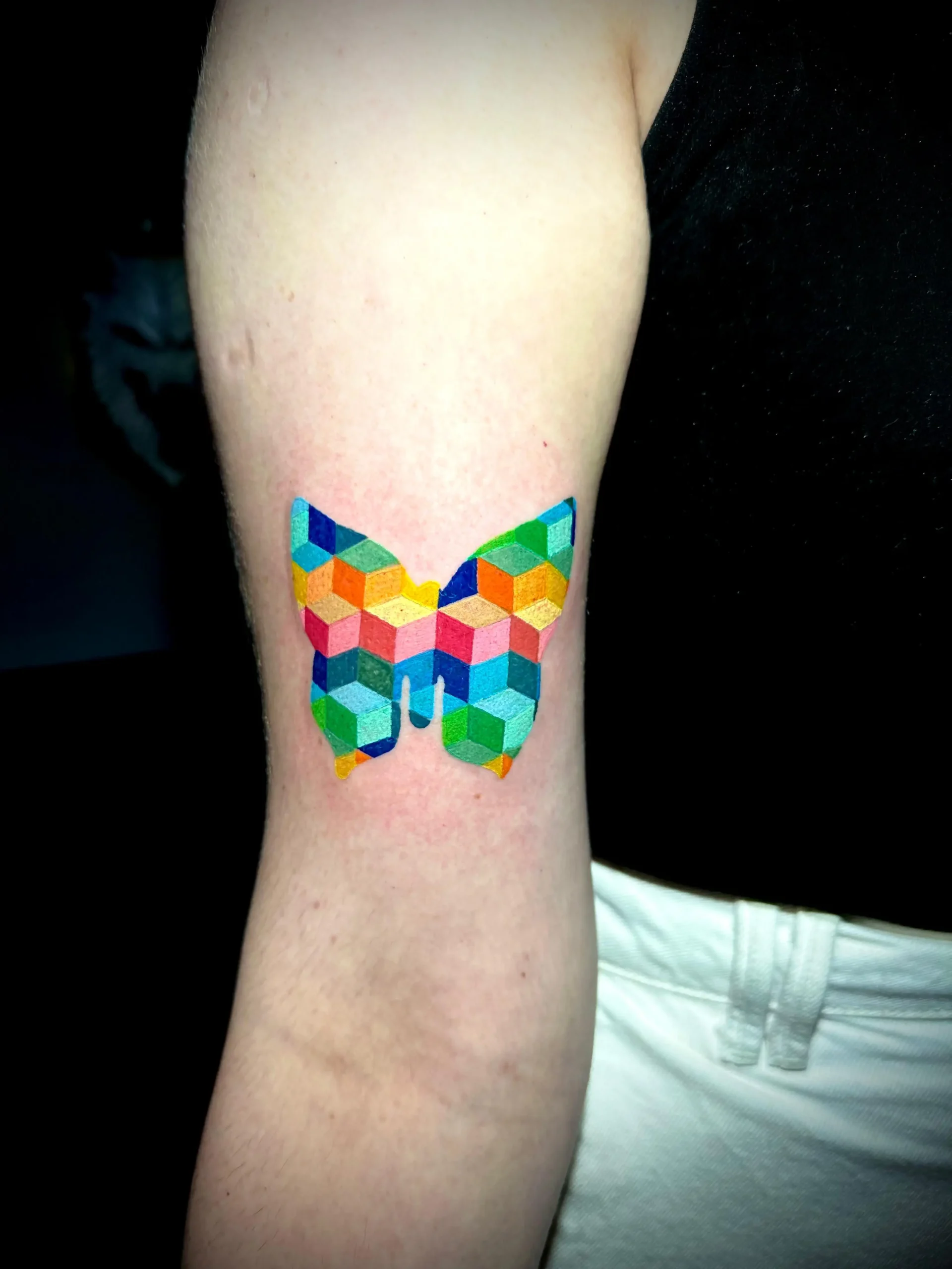 Geometric butterfly tattoo made of colorful 3D cubes, modern and unique artistic design by a tattoo shop in Boca Raton, Florida.