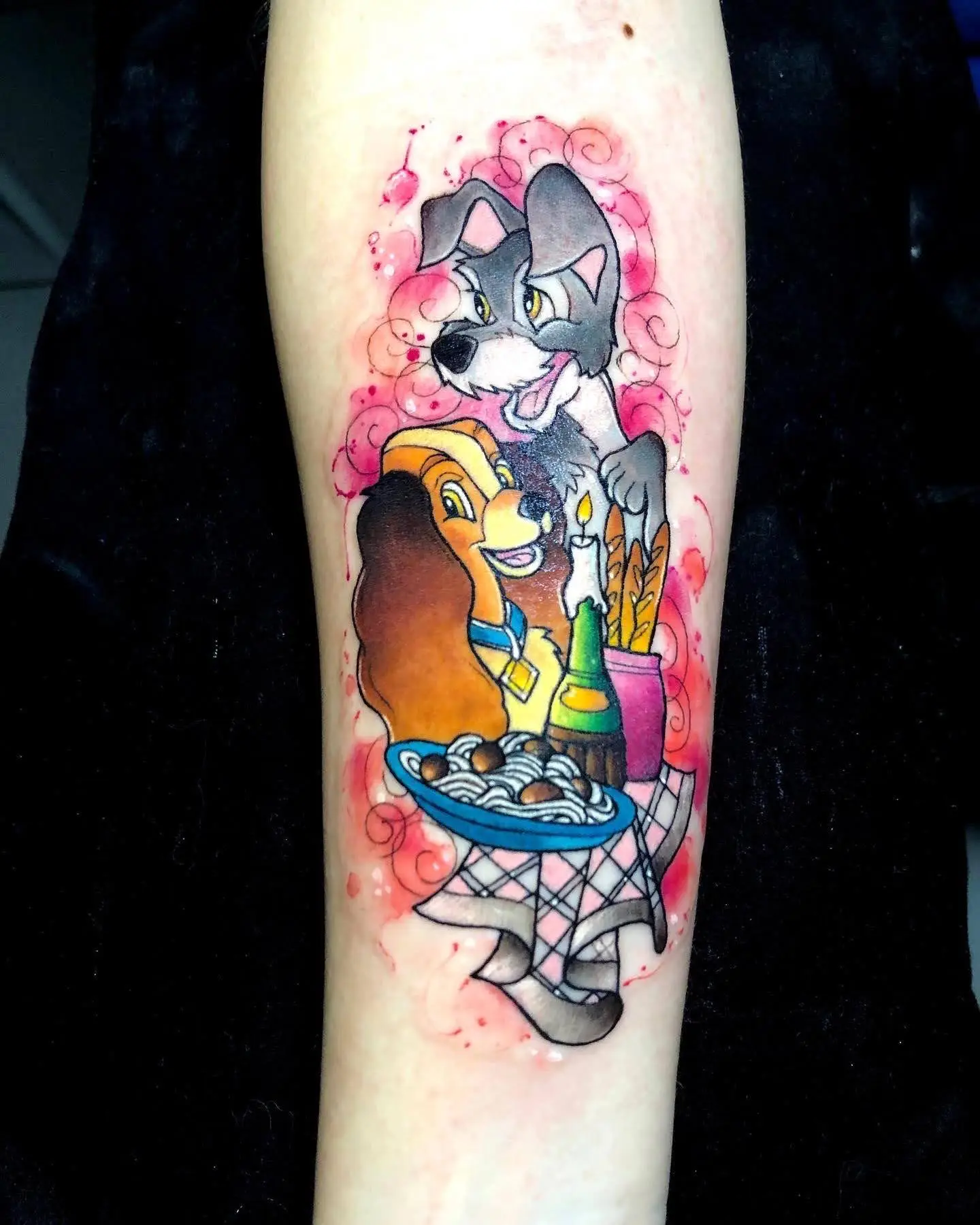 Disney's Lady and the Tramp watercolor tattoo featuring the classic spaghetti scene, cute couple ink by a Boca Raton tattoo specialist.