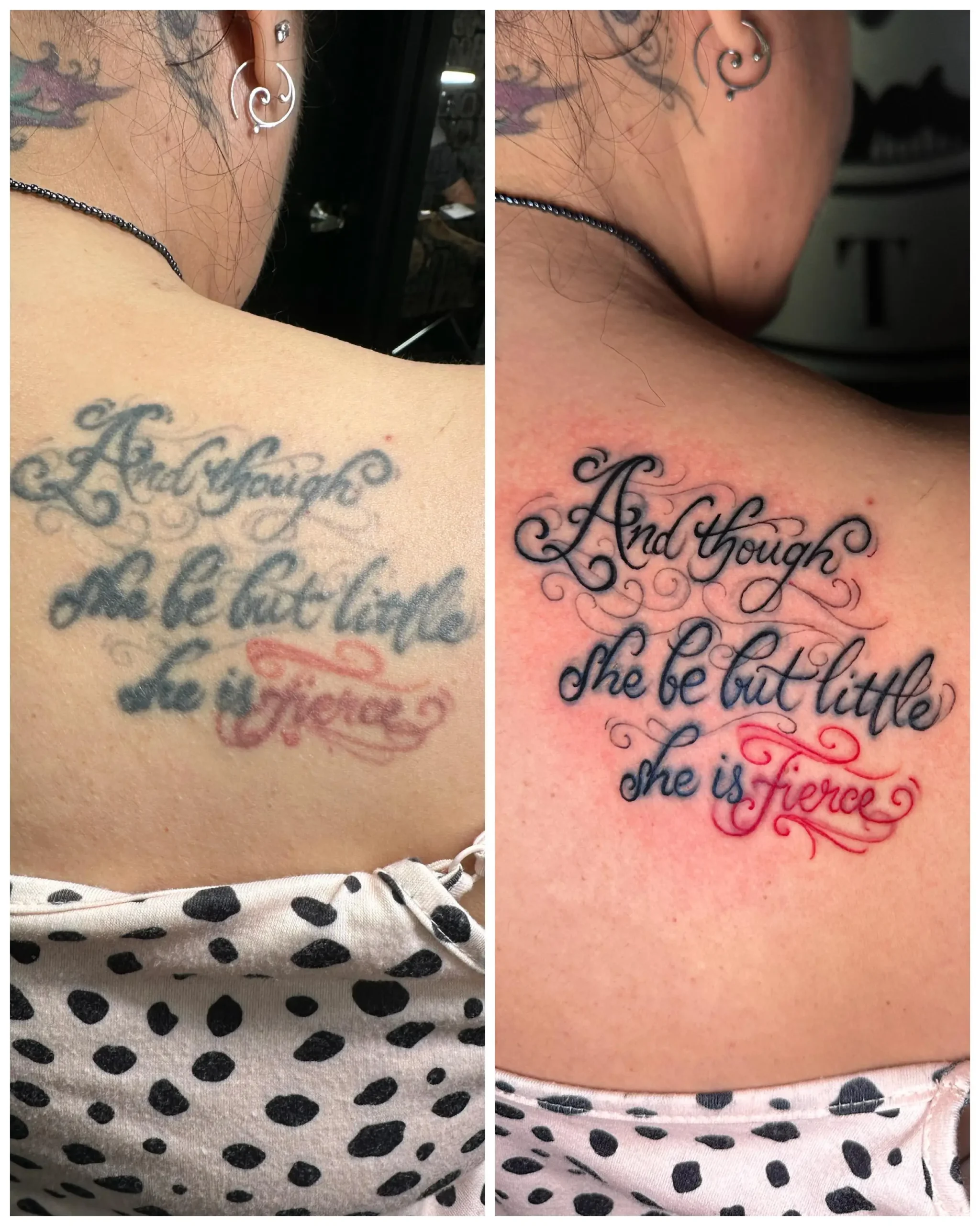 Script tattoo restoration on the back, fixing faded lettering with sharp calligraphy and red accents, expert line work in Boca Raton, Florida.