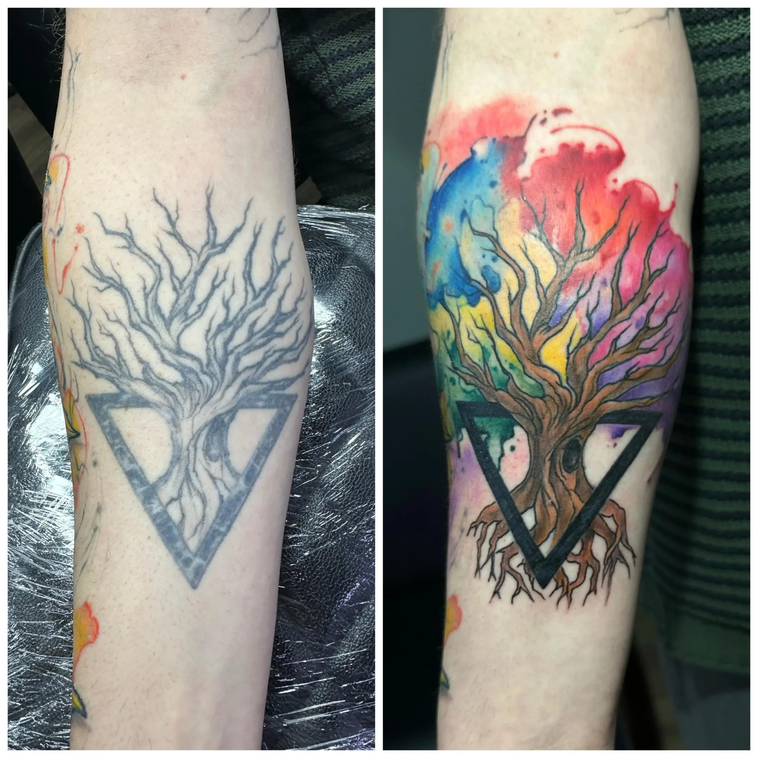 Tree of life geometric tattoo rework on the forearm, enhancing the design with a vibrant rainbow watercolor background, created in Boca Raton, Florida.