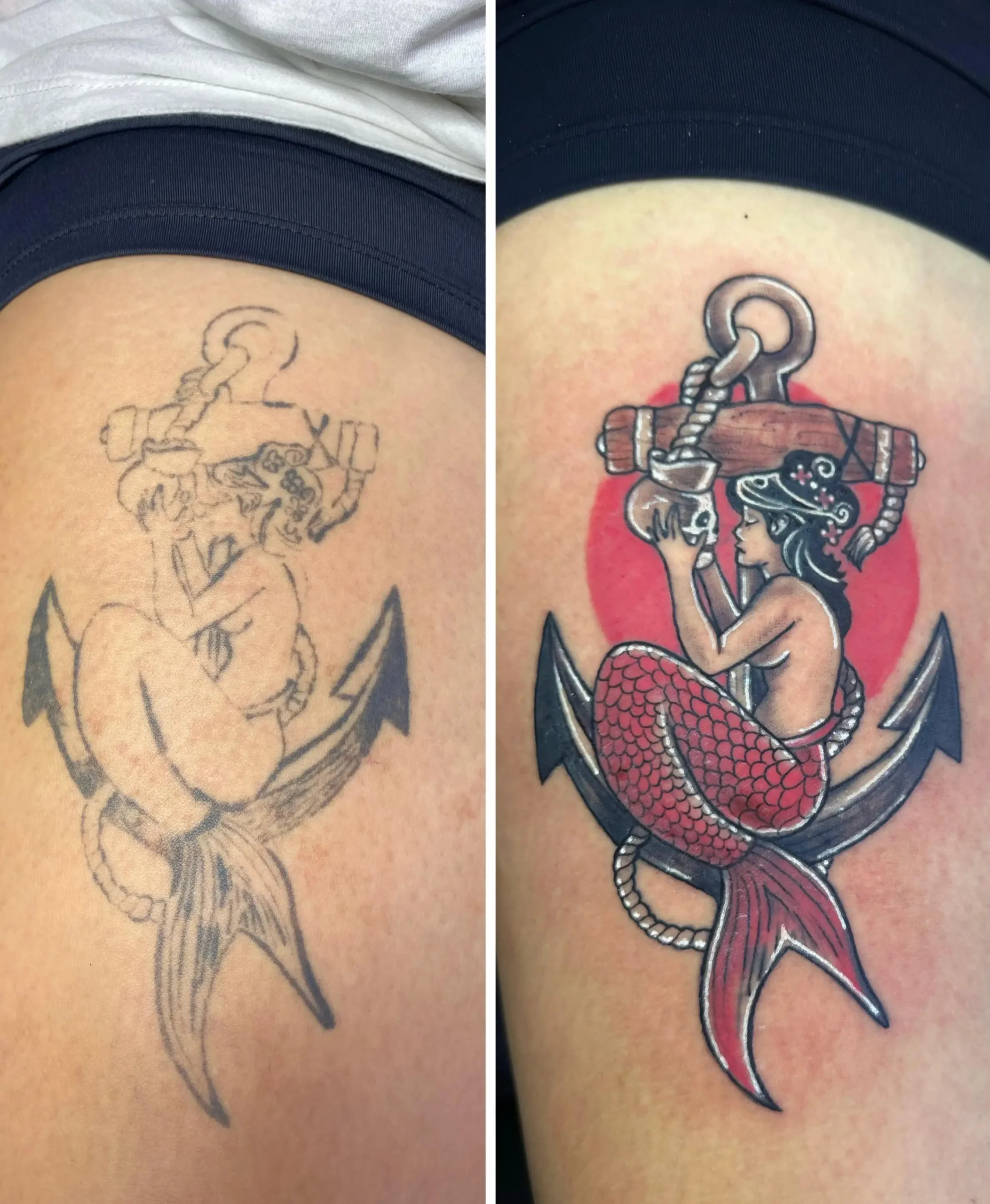 Traditional mermaid and anchor tattoo rework on the thigh, restoring faded lines with bold Old School colors, done by a top artist in Boca Raton, FL.