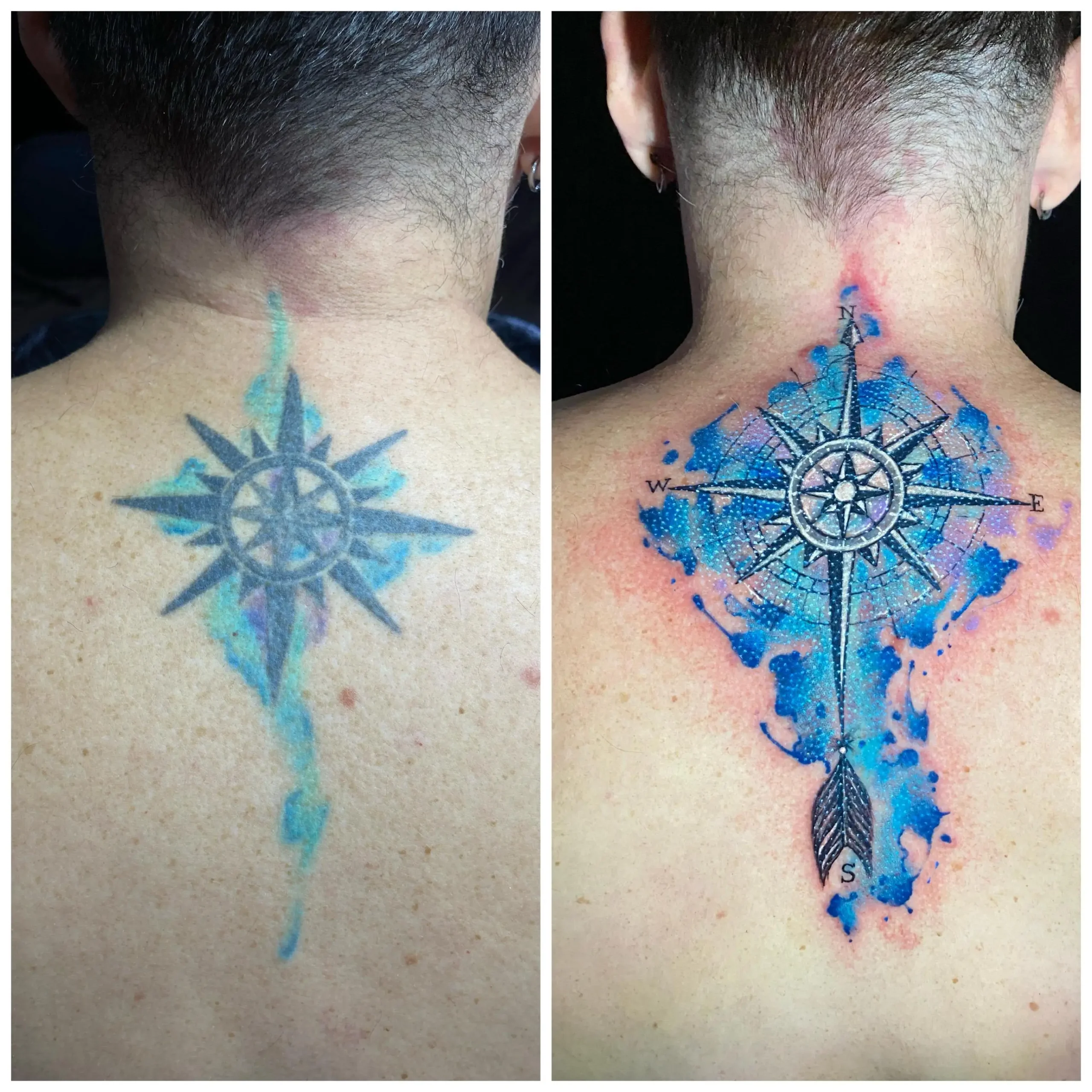 Compass tattoo rework on the back/neck, adding vibrant blue and purple watercolor splashes to a faded geometric design, inked in Boca Raton, Florida.