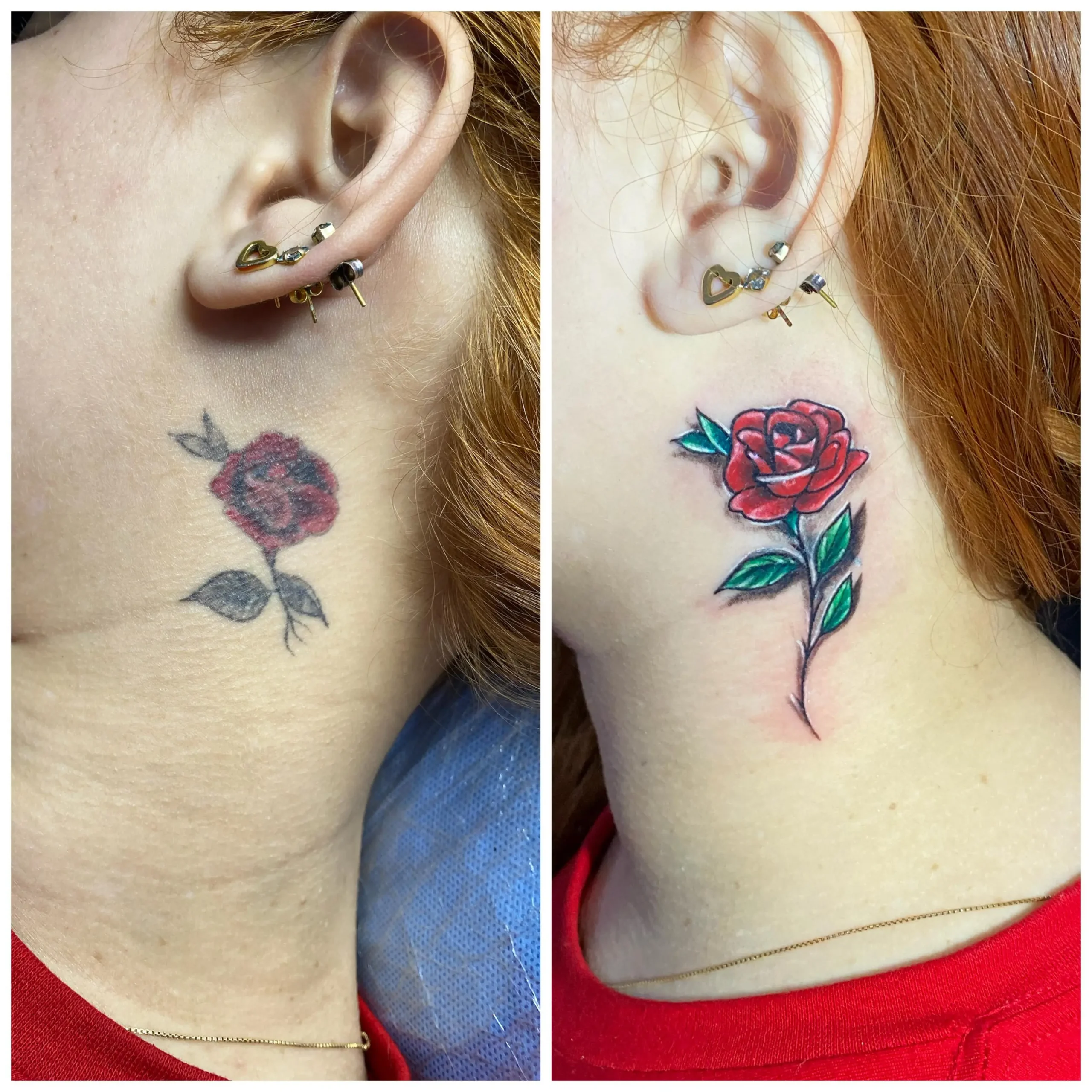 Red rose tattoo rework on the neck, transforming a blurry blob into a sharp traditional flower design, expert fix by a Boca Raton tattoo artist.
