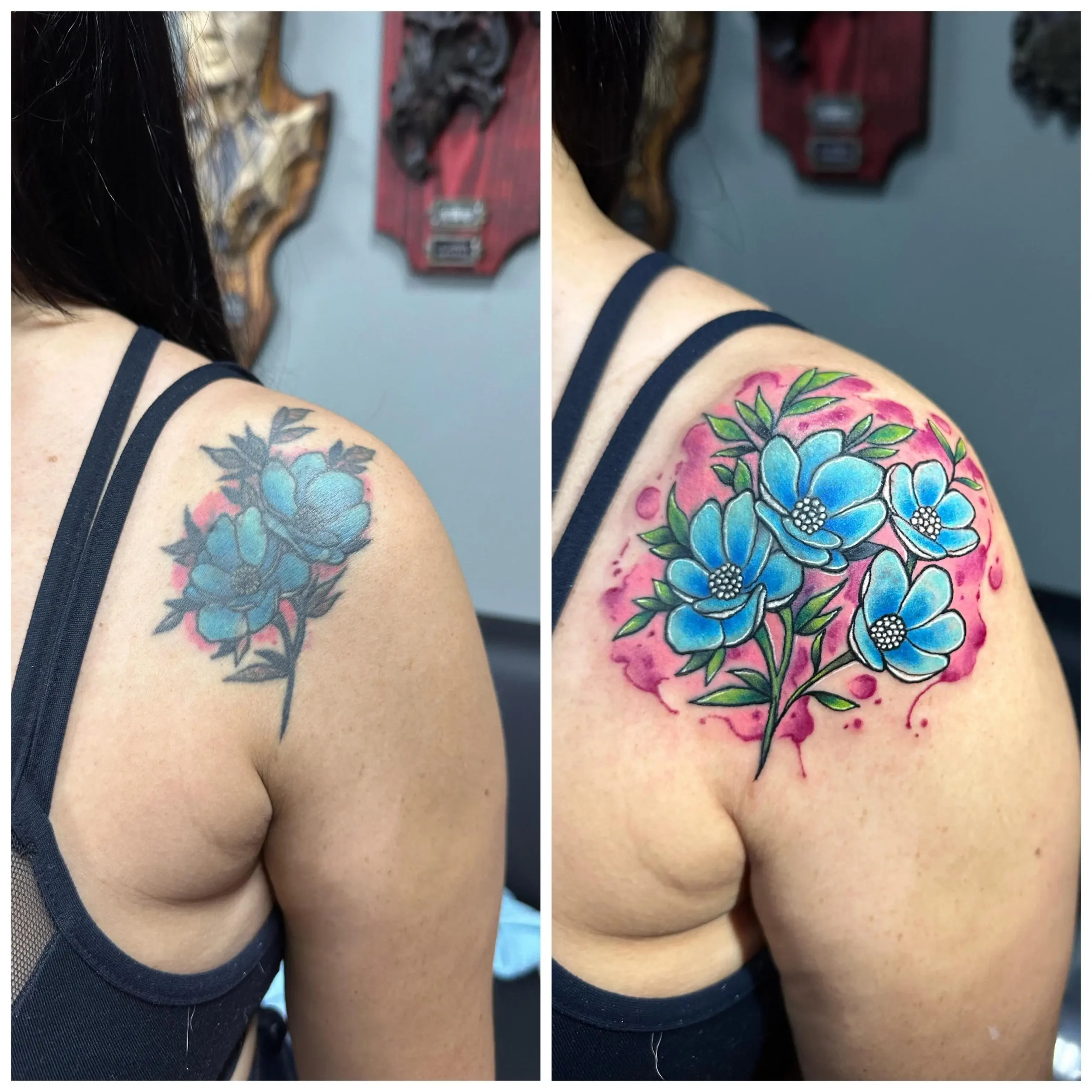 Blue floral tattoo cover-up on the shoulder, masking old ink with vibrant blue anemone flowers and pink watercolor splash, done in Boca Raton, Florida.