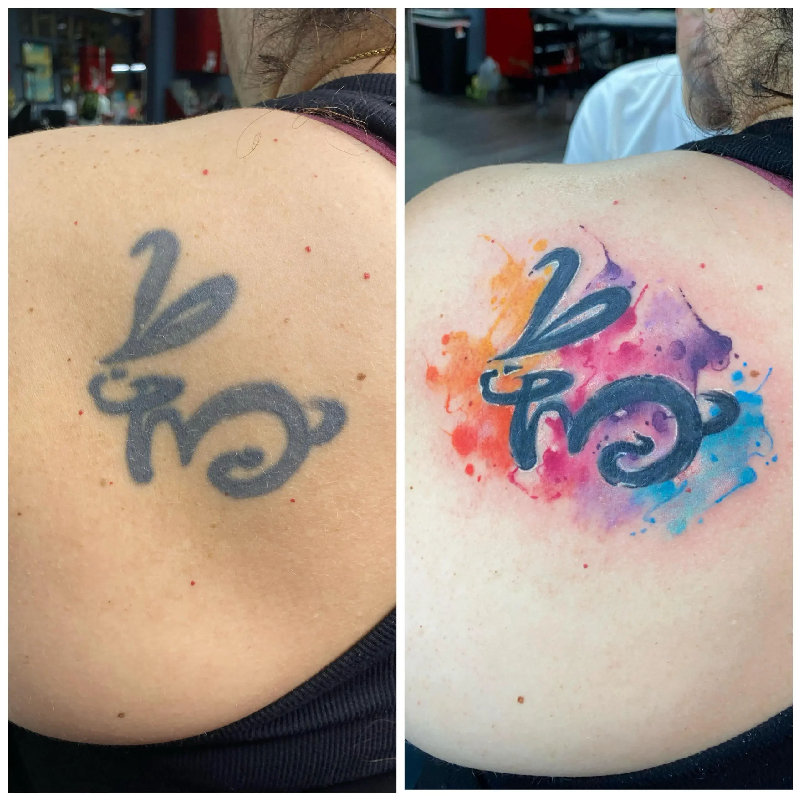 Abstract tribal tattoo rework on the back, filling a faded black outline with a vibrant galaxy watercolor effect, artistic ink in Boca Raton, Florida.
