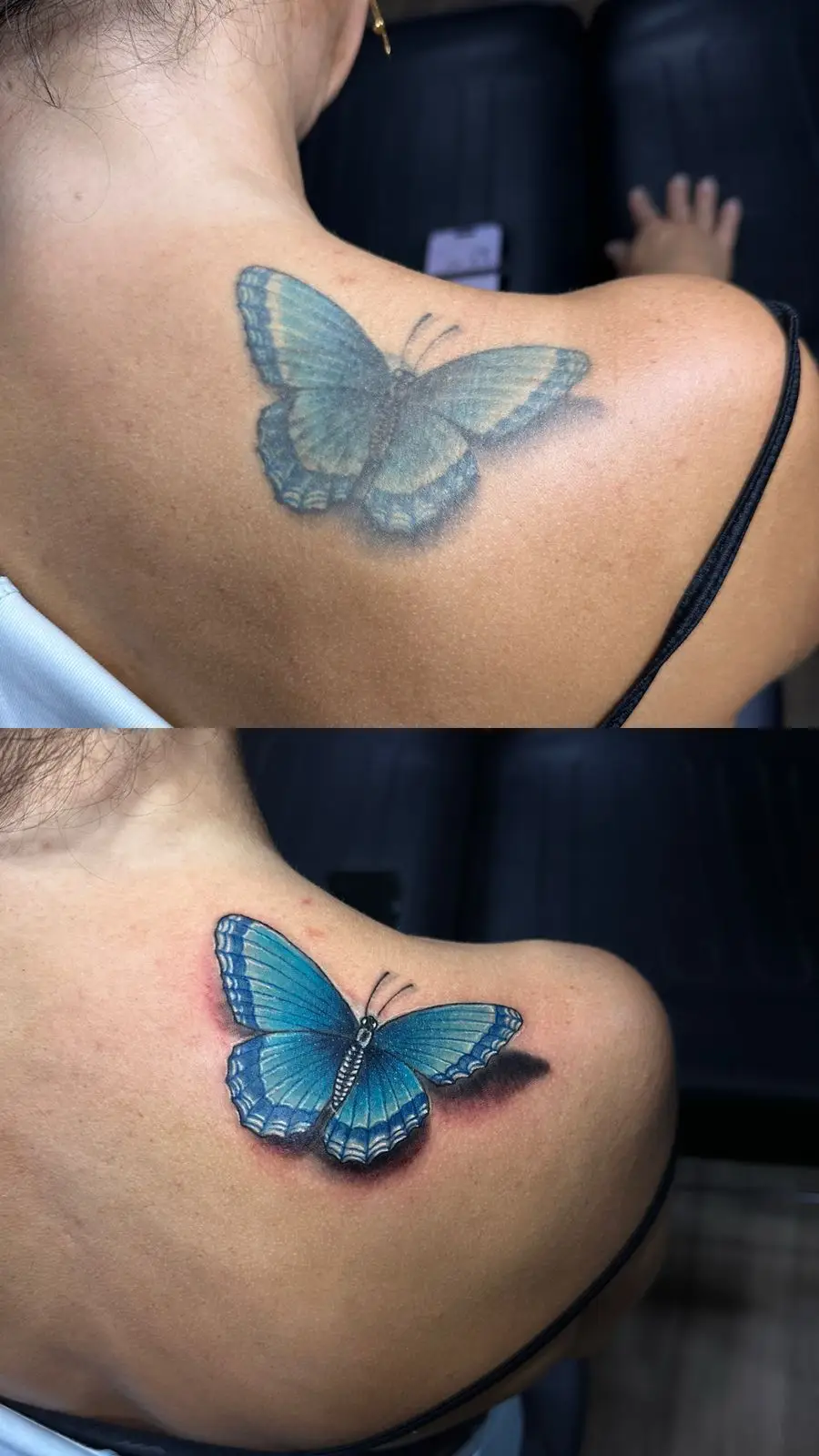 Realistic blue butterfly tattoo rework on the shoulder, enhancing a blurry design with 3D shadows and sharp details, done by a specialist in Boca Raton, FL.