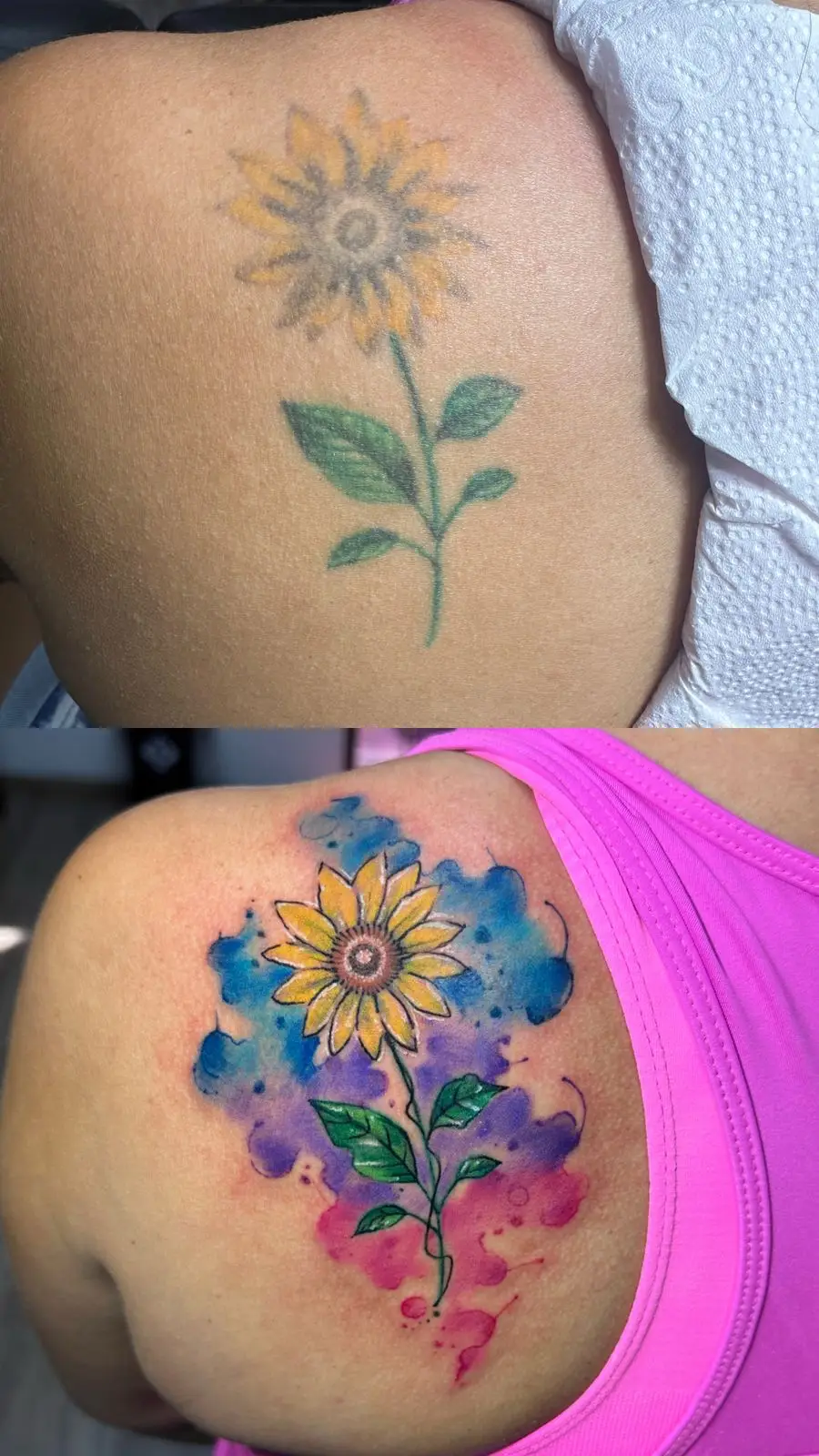Sunflower tattoo rework on the shoulder, adding vibrant yellow petals and a blue watercolor background to faded ink, created in Boca Raton, Florida.