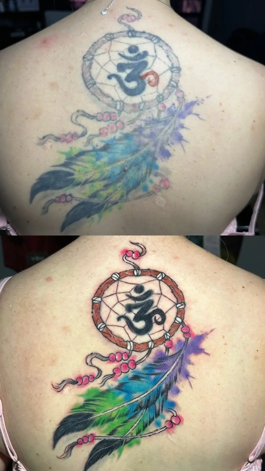 Dreamcatcher tattoo rework on the back featuring the Om symbol, refreshing old ink with vibrant watercolor feathers, expert touch-up in Boca Raton, FL.