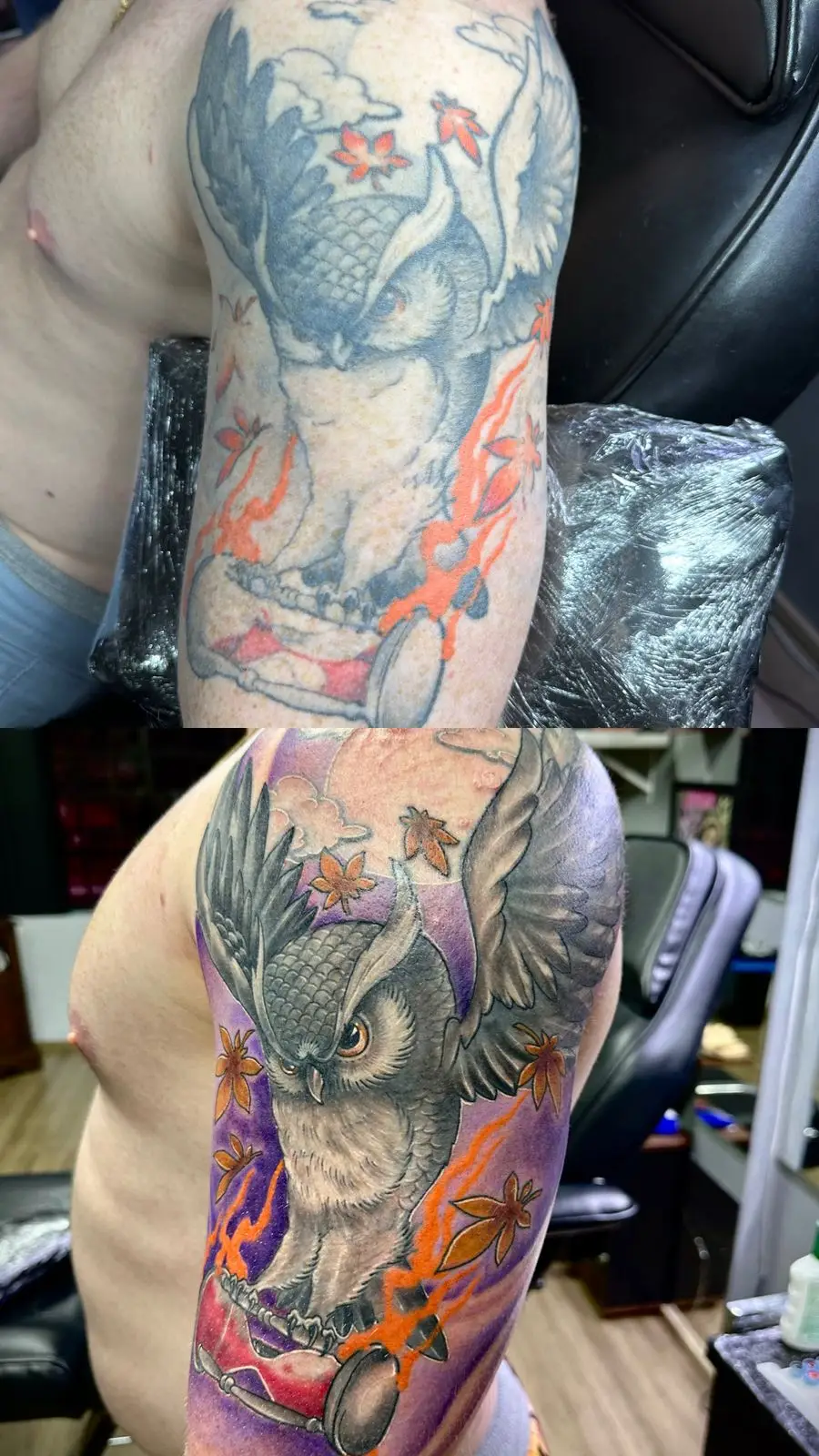 Owl and hourglass tattoo restoration on the arm, enhancing faded colors with vibrant purple and orange shading, expert rework in Boca Raton, Florida.