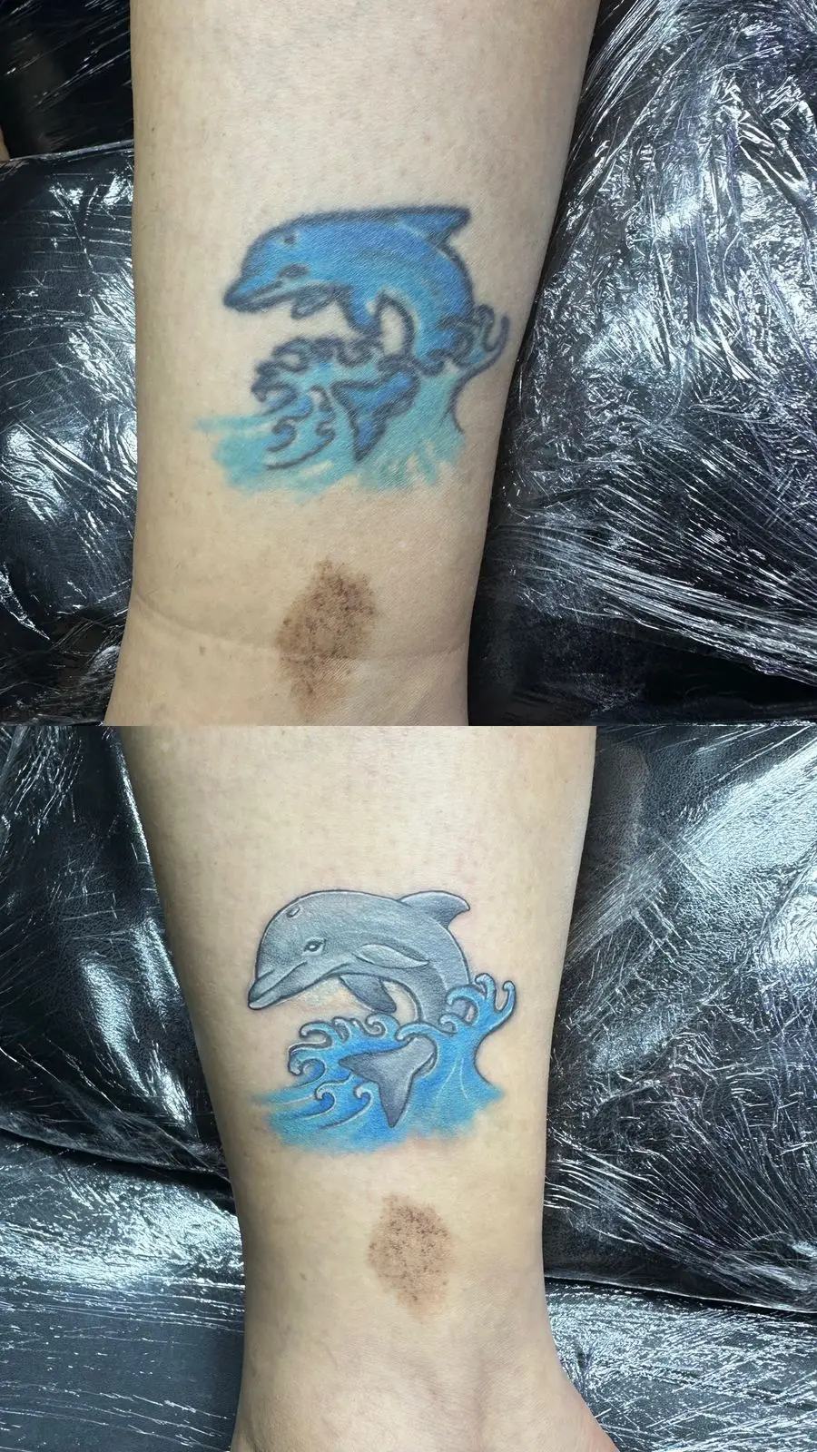 Before and after dolphin tattoo rework on the wrist, transforming faded ink into a sharp blue sea life design, done by a tattoo artist in Boca Raton, Florida.