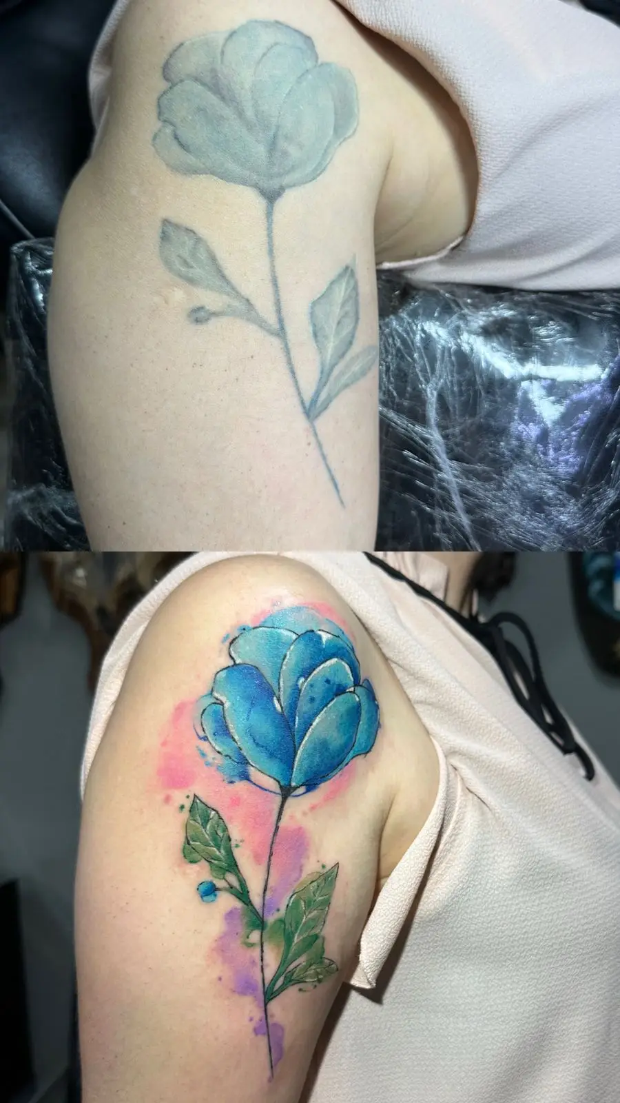 Blue rose tattoo restoration on the arm, defining faded outlines with rich blue color and watercolor effects, expert ink in Boca Raton, Florida.