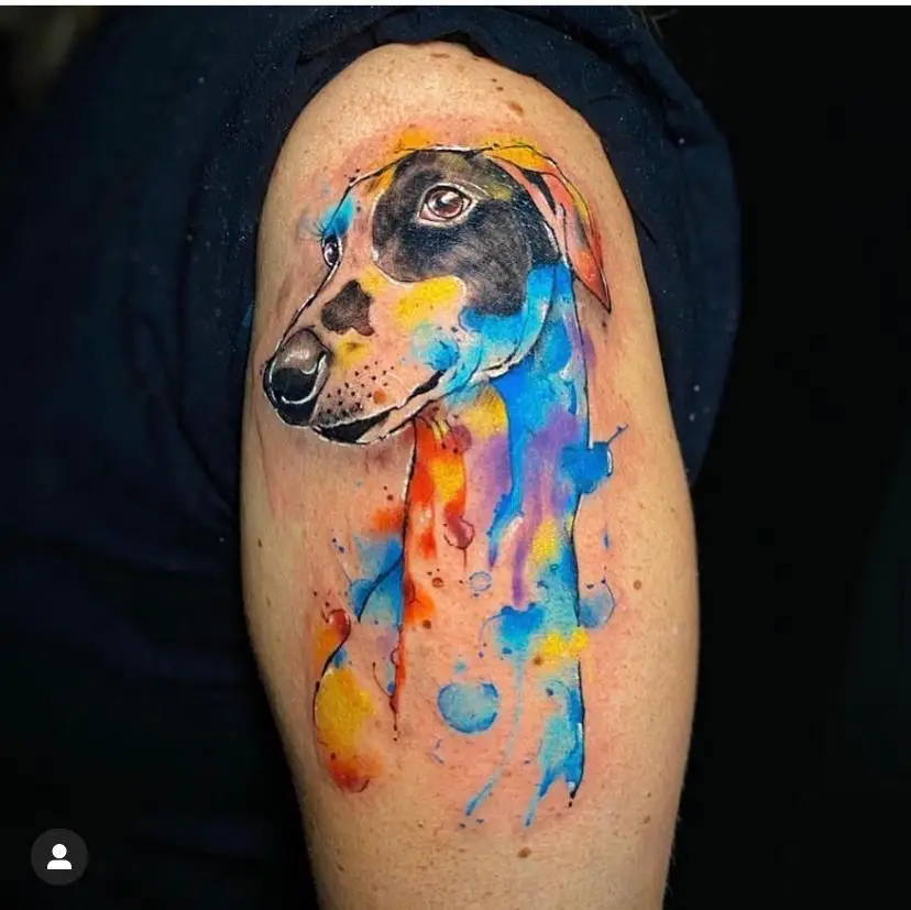 Watercolor dog portrait tattoo pet memorial colorful arm ink Boca Raton Florida