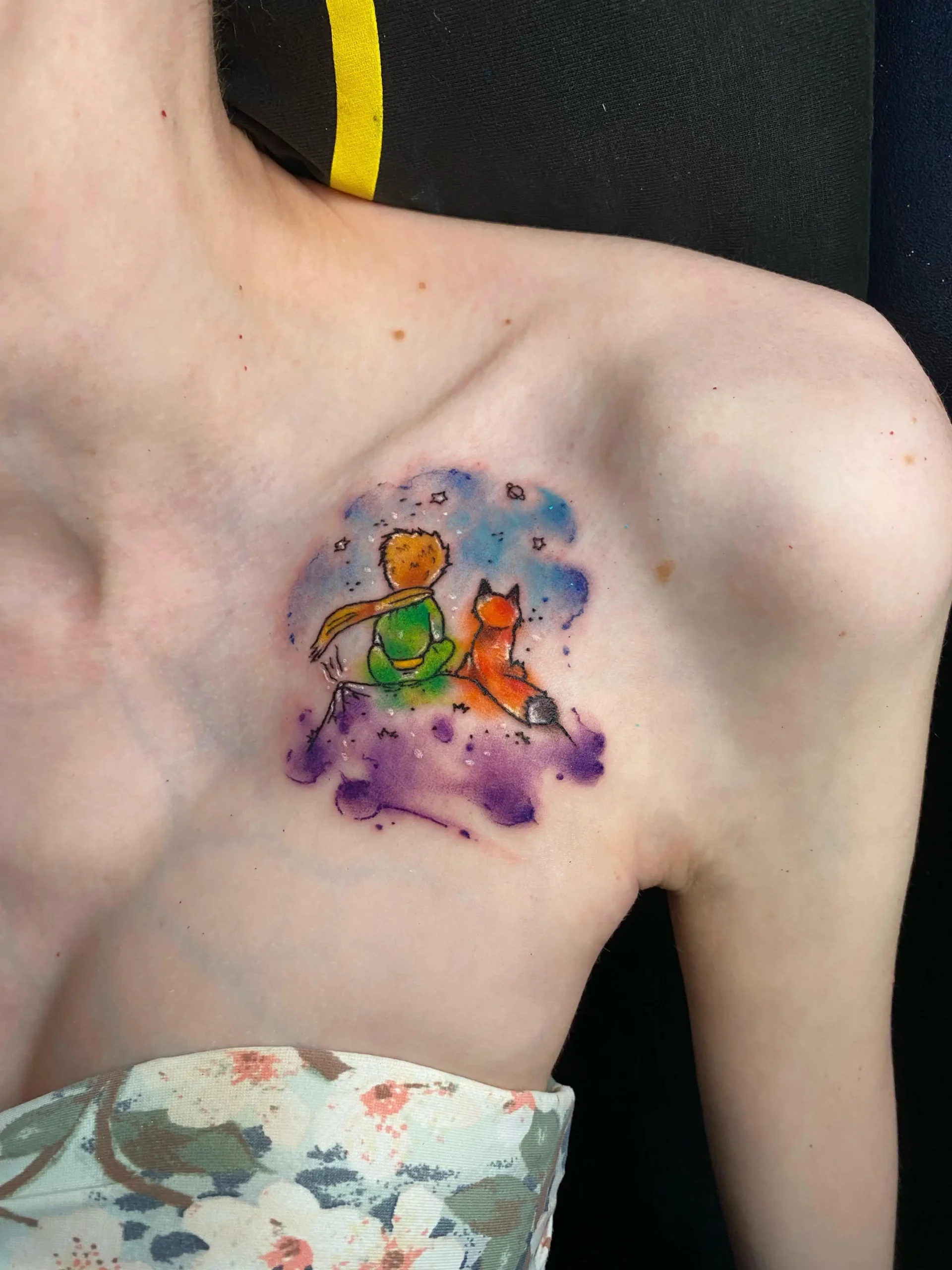 The Little Prince and Fox watercolor tattoo galaxy background collarbone ink Boca Raton