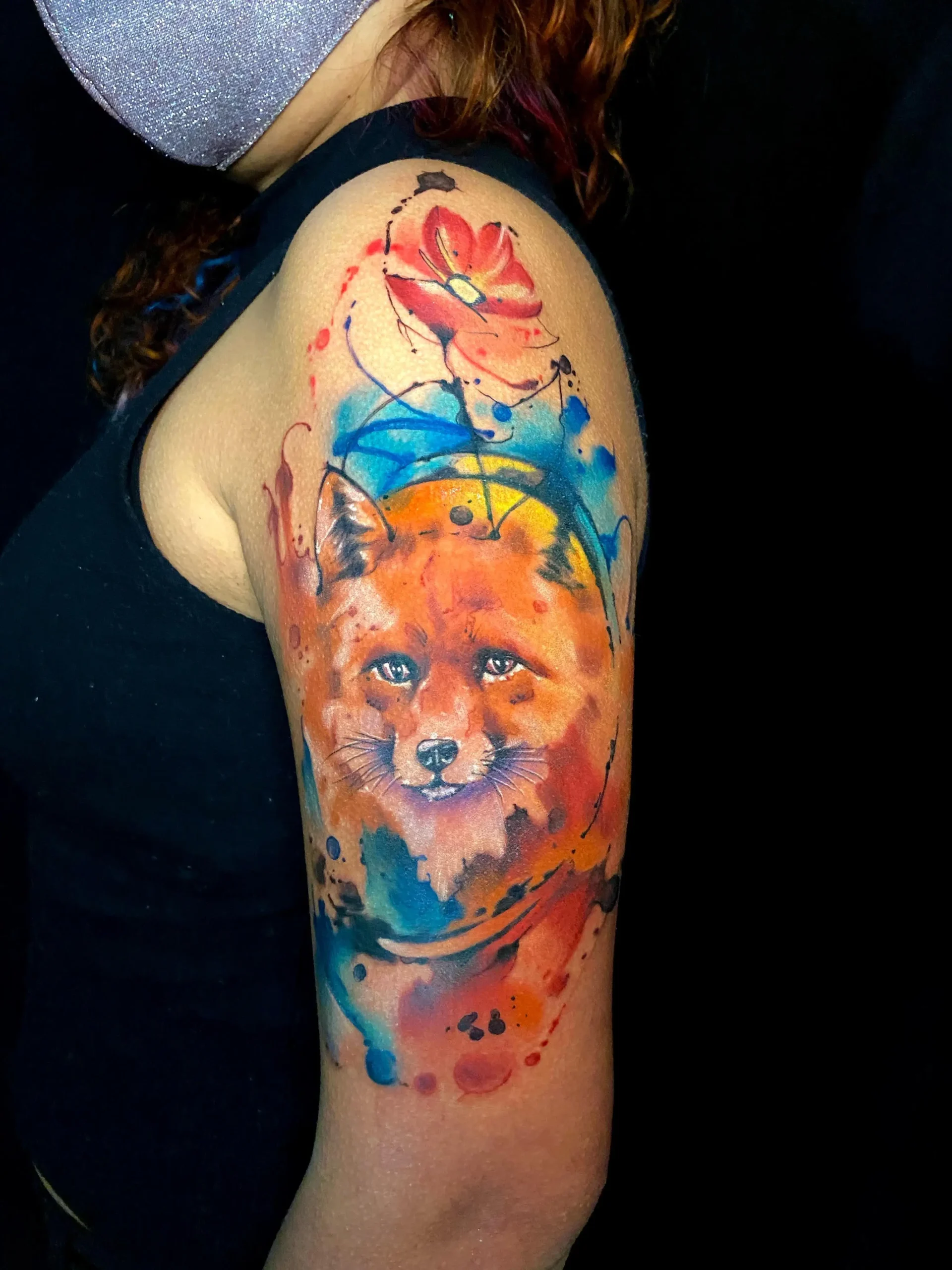 Realistic watercolor fox portrait tattoo with flower shoulder placement Boca Raton FL