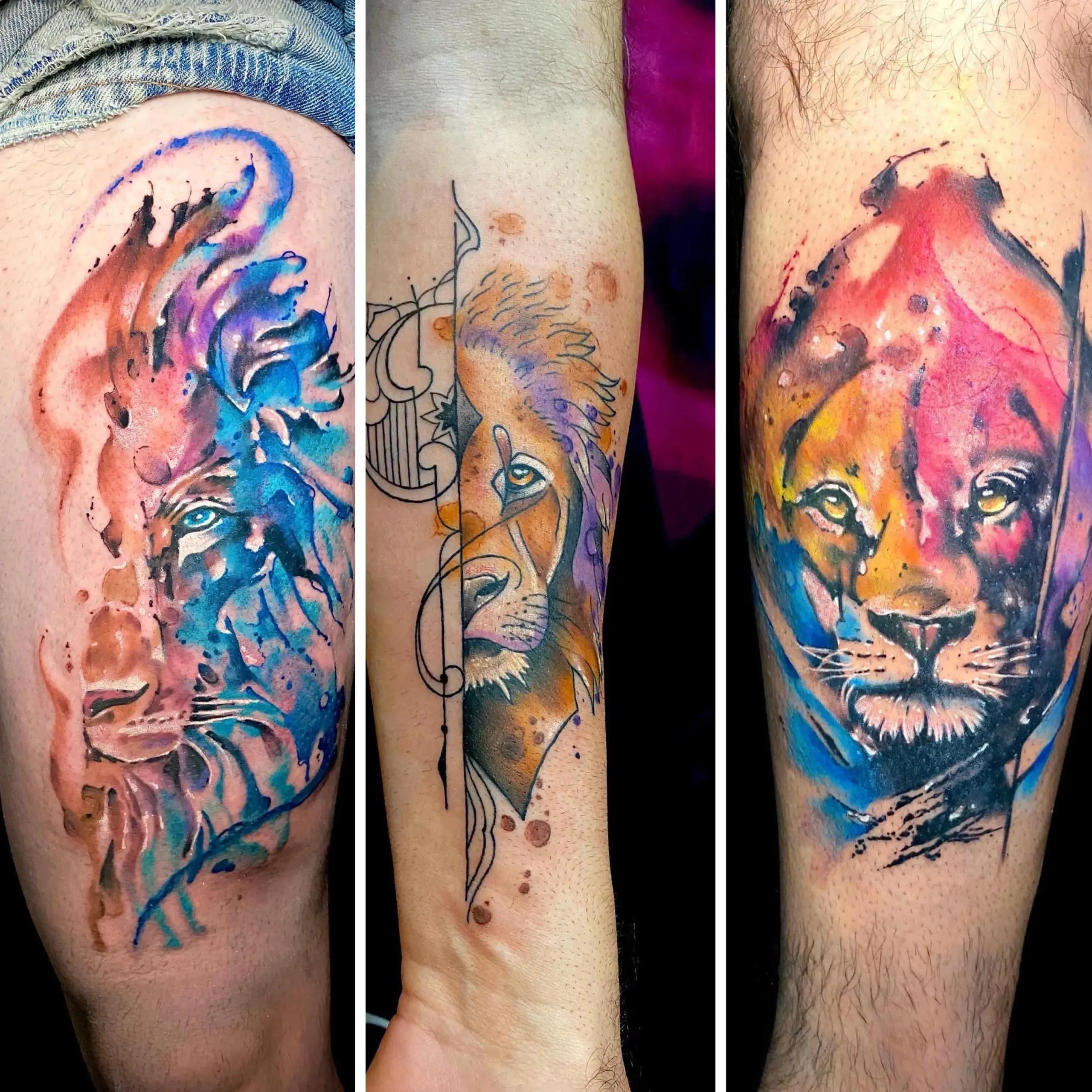 Watercolor lion tattoo designs geometric and abstract wildlife ink Boca Raton tattoo shop