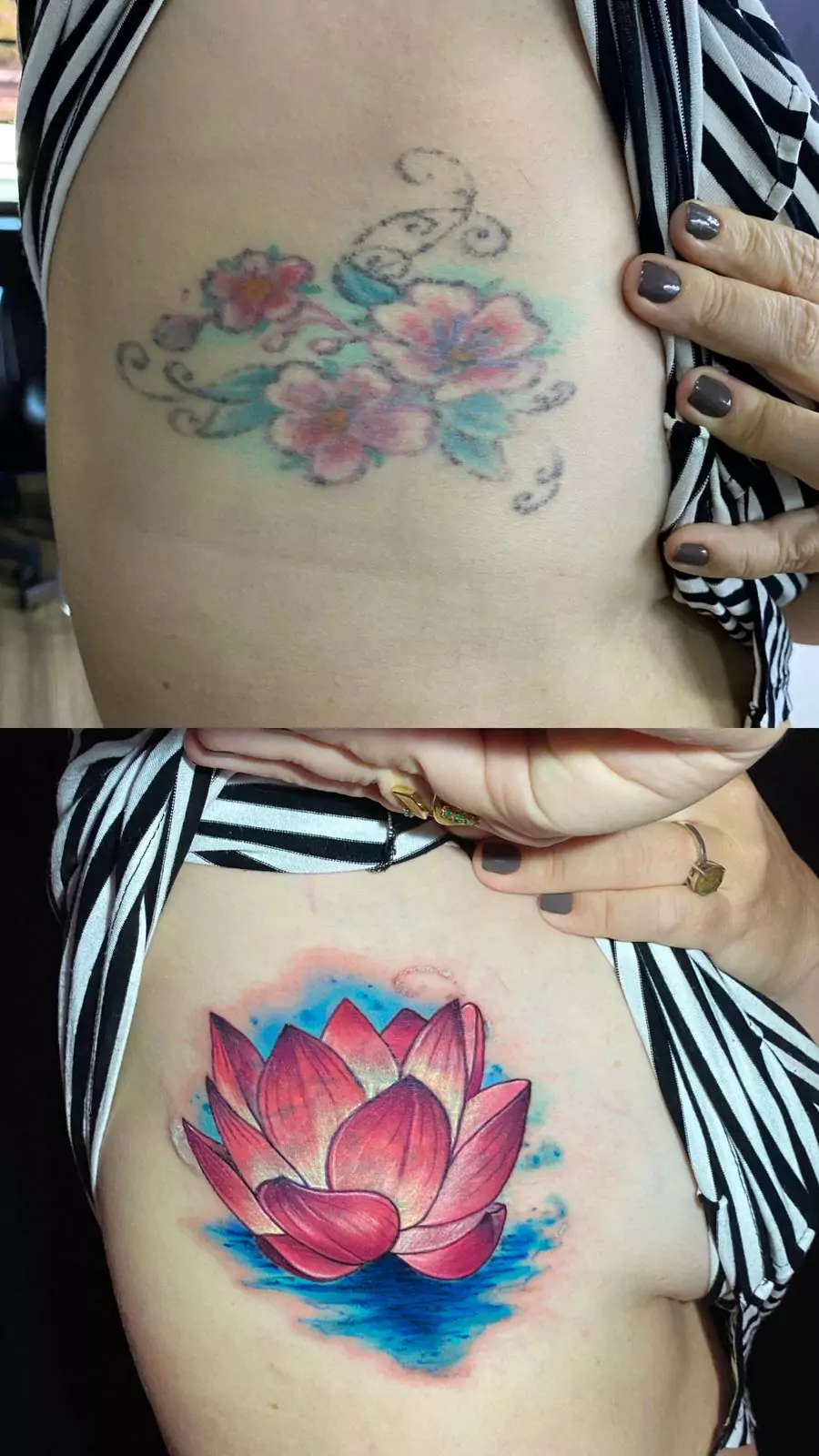 Two side-by-side images show a faded floral tattoo with blurred colors above, and a vibrant new lotus flower tattoo with bright pink and blue tones below, both on the same person’s side at Iron Glory Studio in Boca Raton, Florida. in Boca Raton, Florida