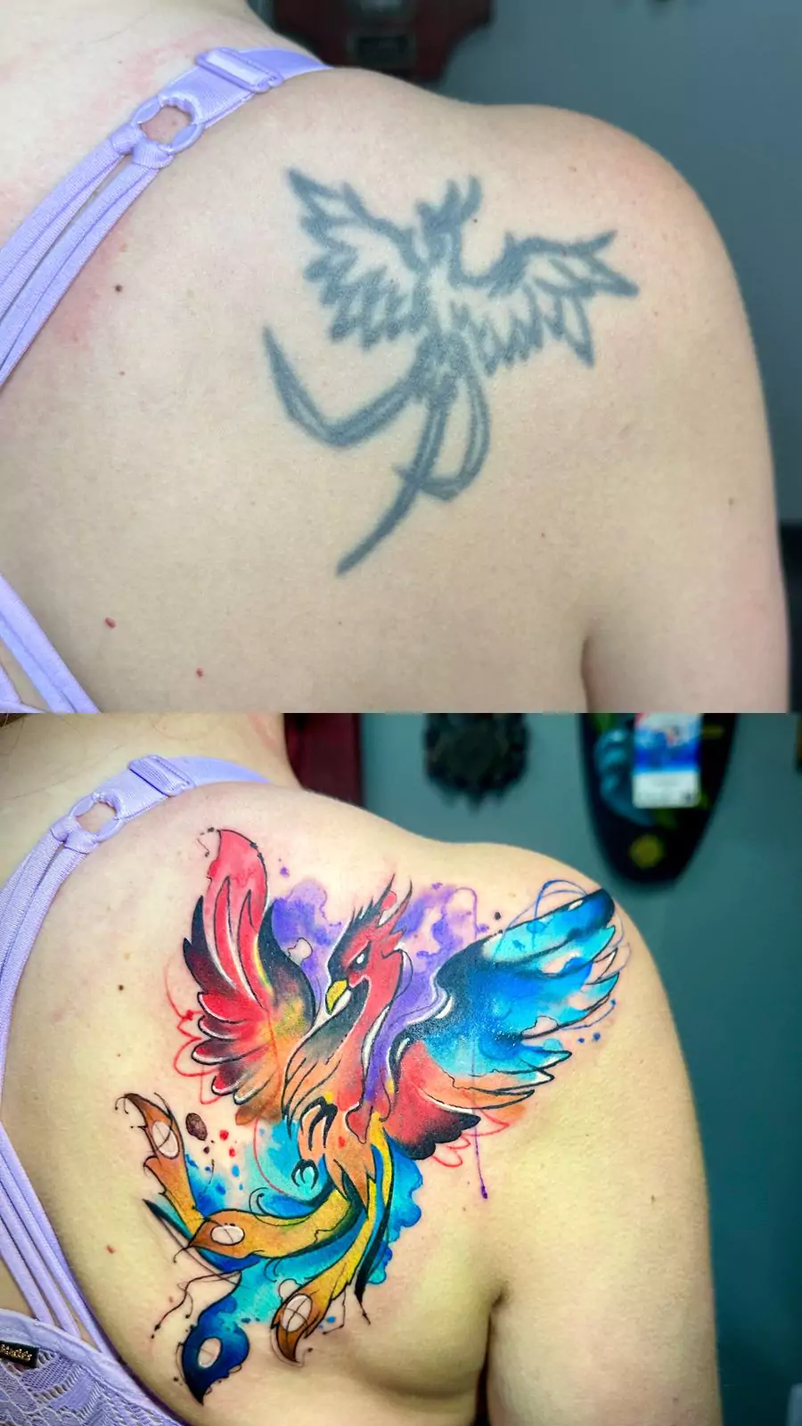 Watercolor phoenix bird cover up tattoo shoulder before and after Boca Raton