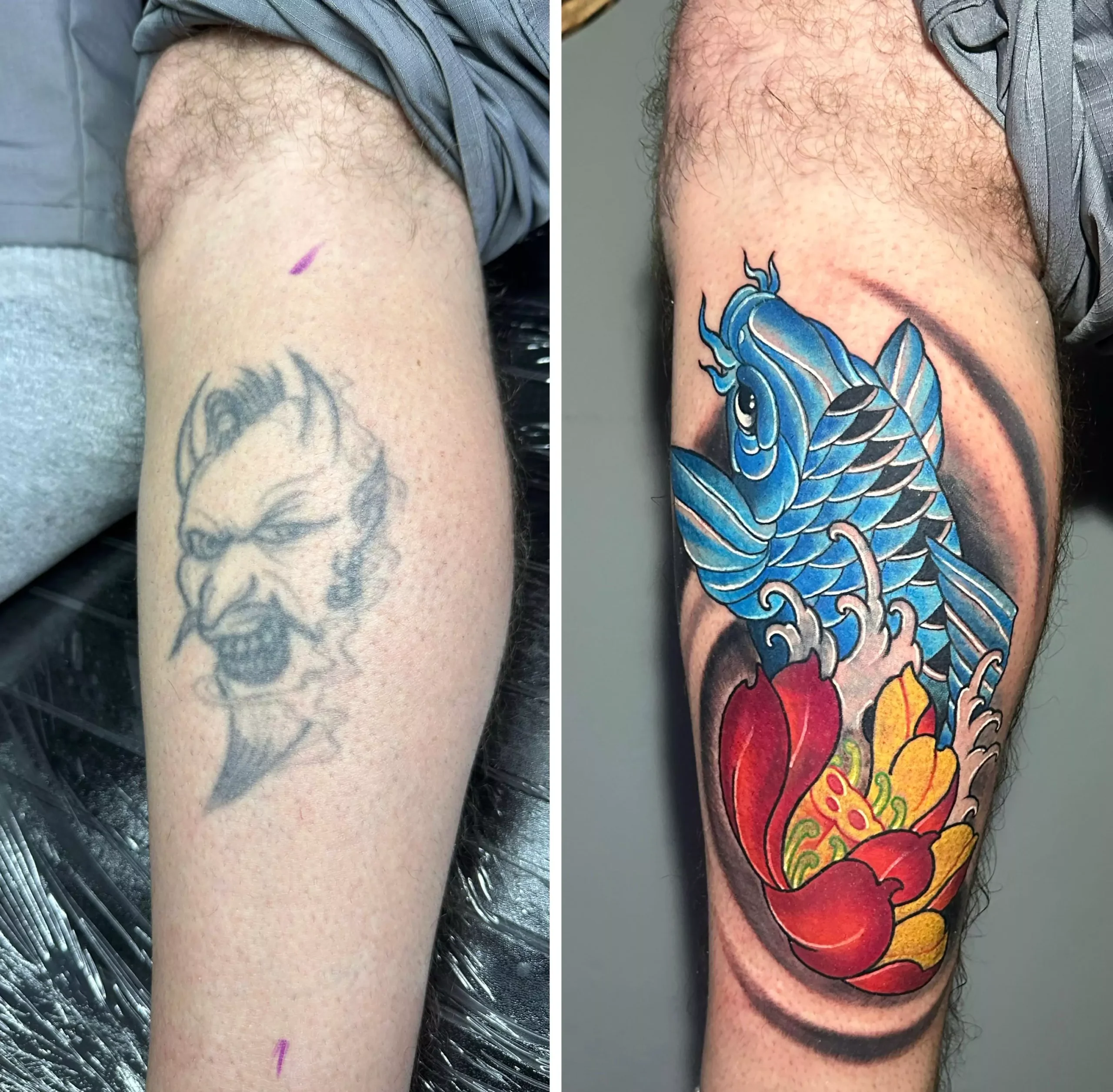 Side-by-side comparison of a leg tattoo cover-up at Iron Glory Studio in Boca Raton, Florida: the left shows a faded demonic face, while the right displays a vibrant blue koi fish with colorful water and flower elements. in Boca Raton, Florida