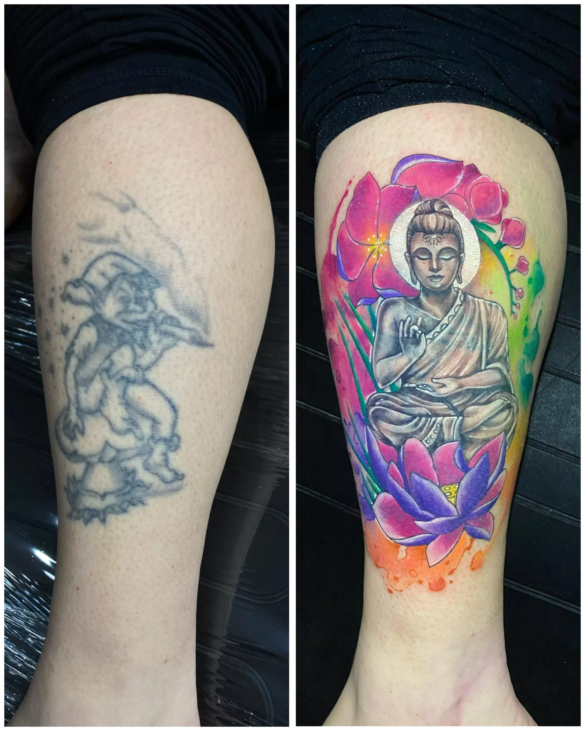 Side-by-side images show a faded dwarf tattoo on a leg (left) and a colorful Buddha cover-up with vibrant flowers and watercolor background (right), done at Iron Glory Studio in Boca Raton, Florida. in Boca Raton, Florida