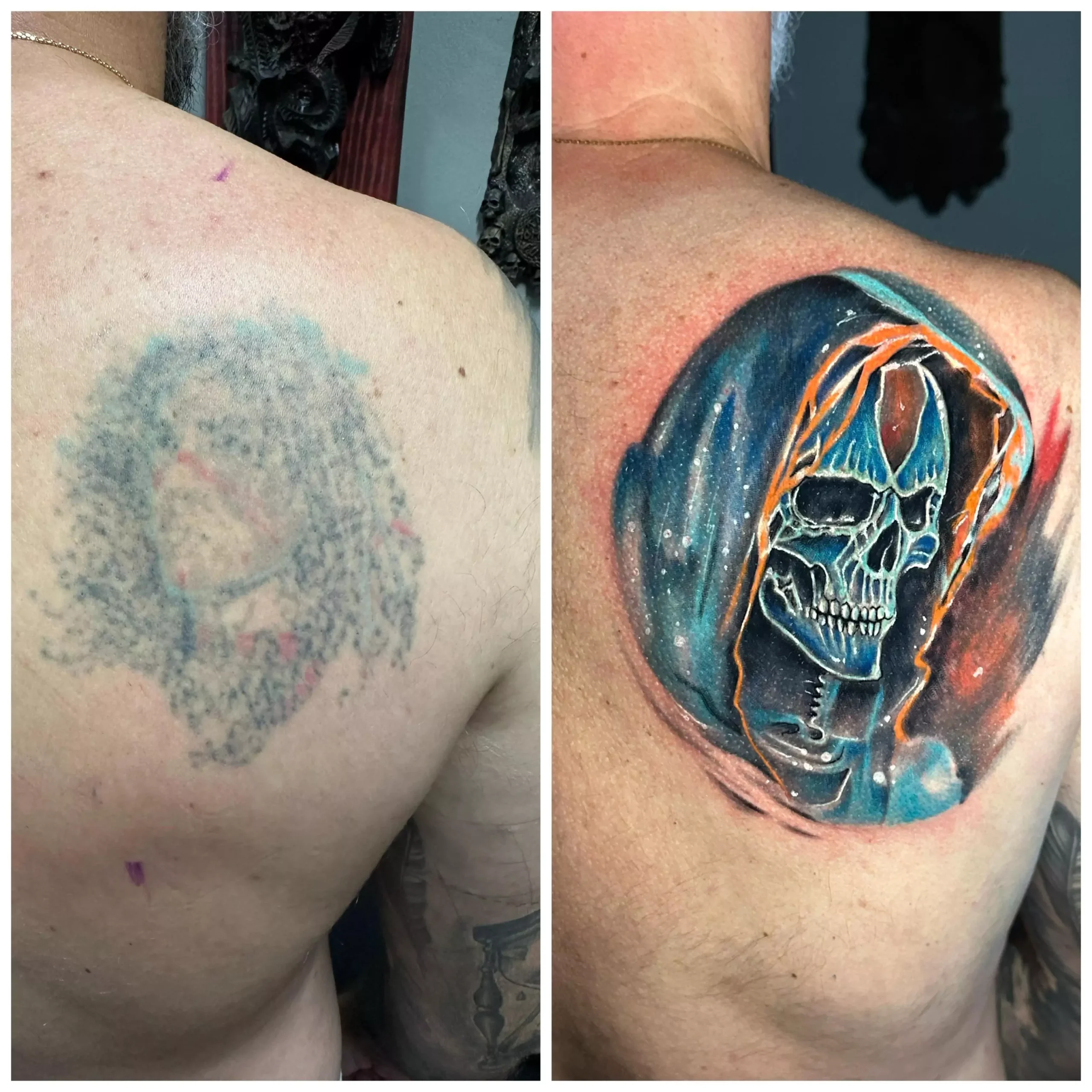 Side-by-side comparison of a faded, unrecognizable portrait tattoo (left) and a vibrant new hooded skull with glowing blue and orange highlights (right), expertly done at Iron Glory Studio in Boca Raton, Florida. in Boca Raton, Florida