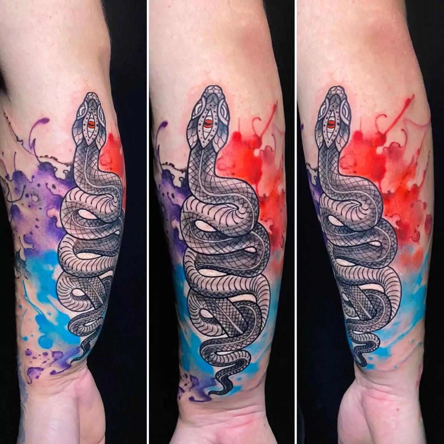 Custom watercolor snake tattoo with geometric patterns and a red eye on the forearm, vibrant artistic ink by a tattoo shop in Boca Raton, Florida.