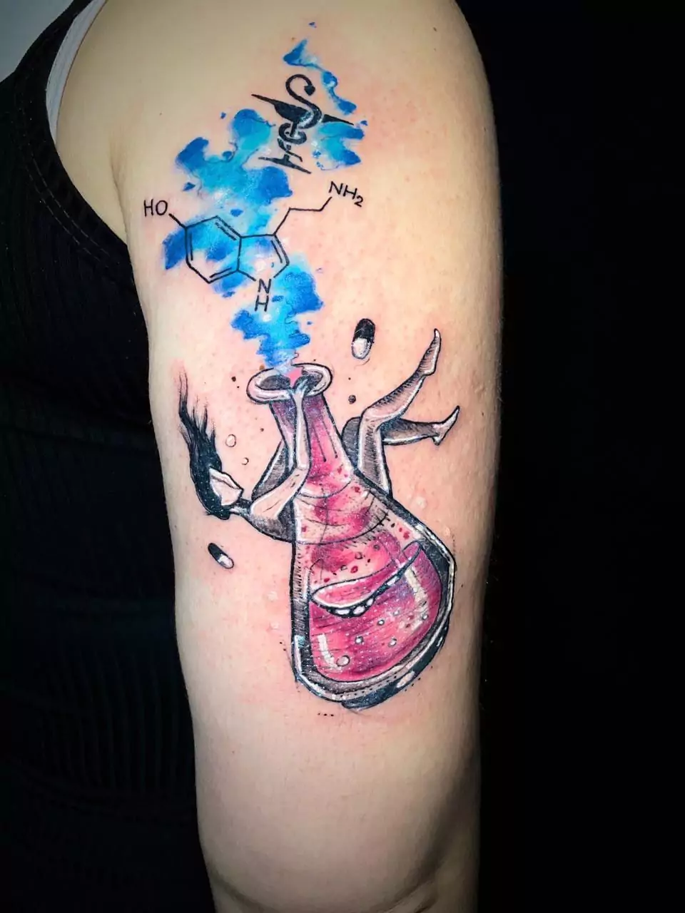 Creative surrealist tattoo featuring a chemistry beaker, falling figure, and serotonin molecule with watercolor smoke, unique art by a Boca Raton tattoo studio.