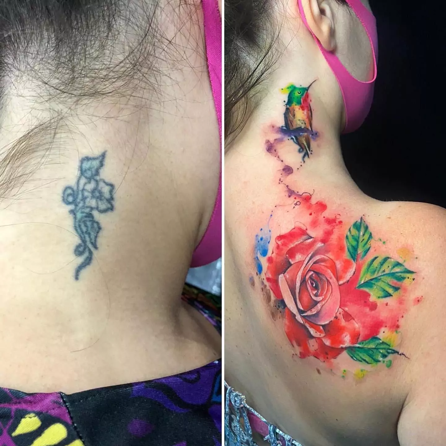 Stunning neck and back cover-up tattoo featuring a watercolor hummingbird and red rose, hiding a small faded design, inked in Boca Raton, South Florida.