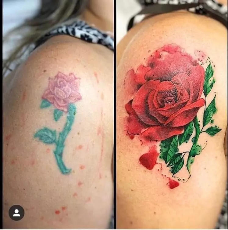 Before and after rose tattoo cover-up on the shoulder, transforming a faded flower into a vibrant red watercolor rose, expert rework in Boca Raton, Florida.