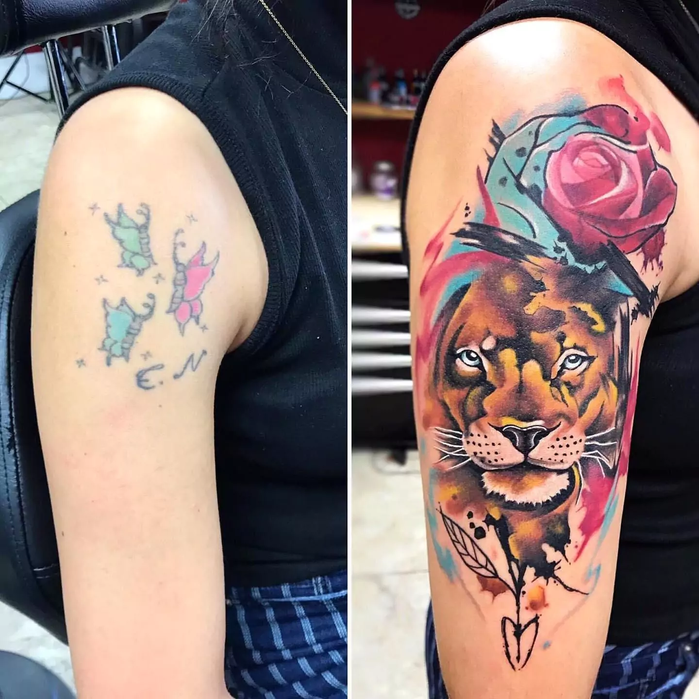 Before and after cover-up tattoo transformation on the shoulder, hiding faded butterflies with a vibrant watercolor lioness and rose design, expertly inked in Boca Raton, Florida.