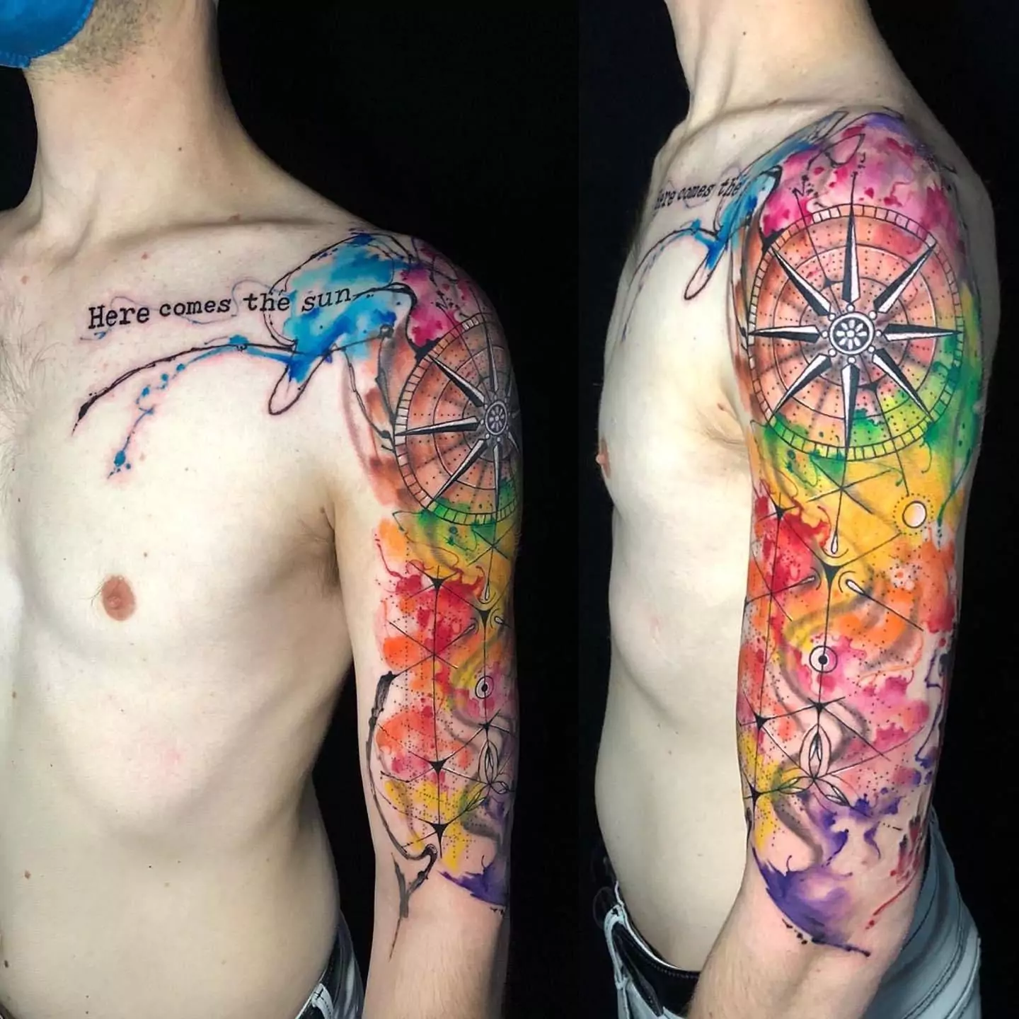Vibrant watercolor half-sleeve tattoo featuring a geometric compass and 'Here comes the sun' quote on the chest, custom colorful ink by a tattoo artist in Boca Raton, Florida.
